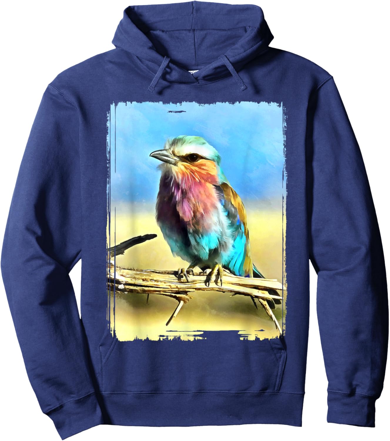 Colorful Bird Wildlife Nature Artistry Canvas Vibrant Lilac Breasted Roller Bird Painting Multicolor -Adult Hoodie - Hoodie | Navy