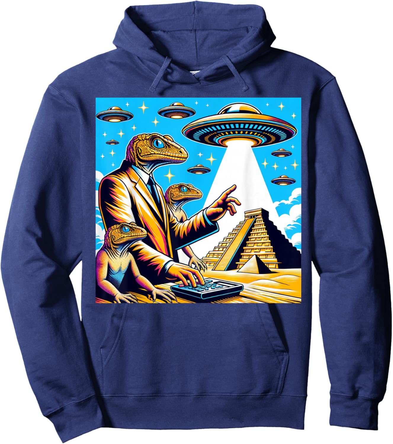 Lizard Conspiracy Theory UFO Chichen Itza Mexican Pyramids Hoodie - Hoodie | Navy