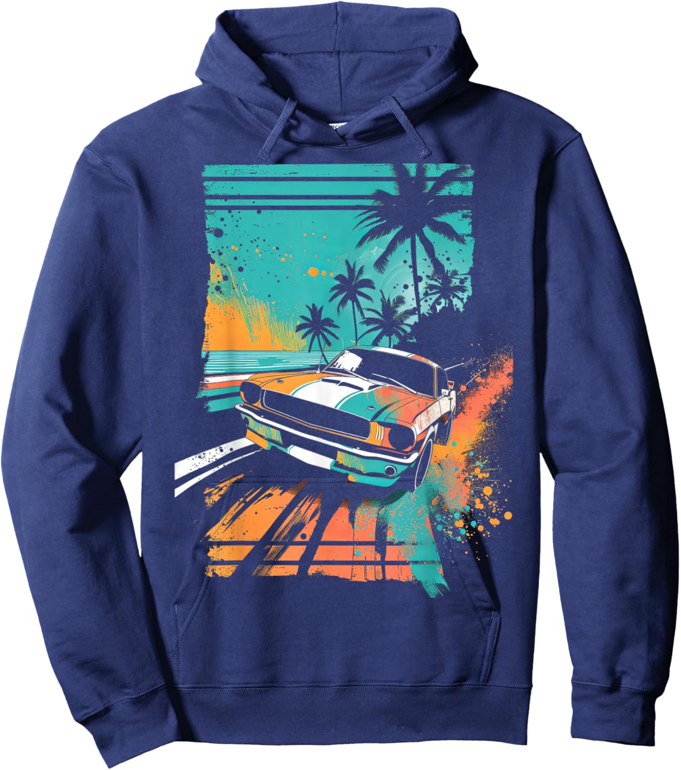 Vintage Car Teal Sunset Tropical Beach Hoodie - Hoodie | Navy
