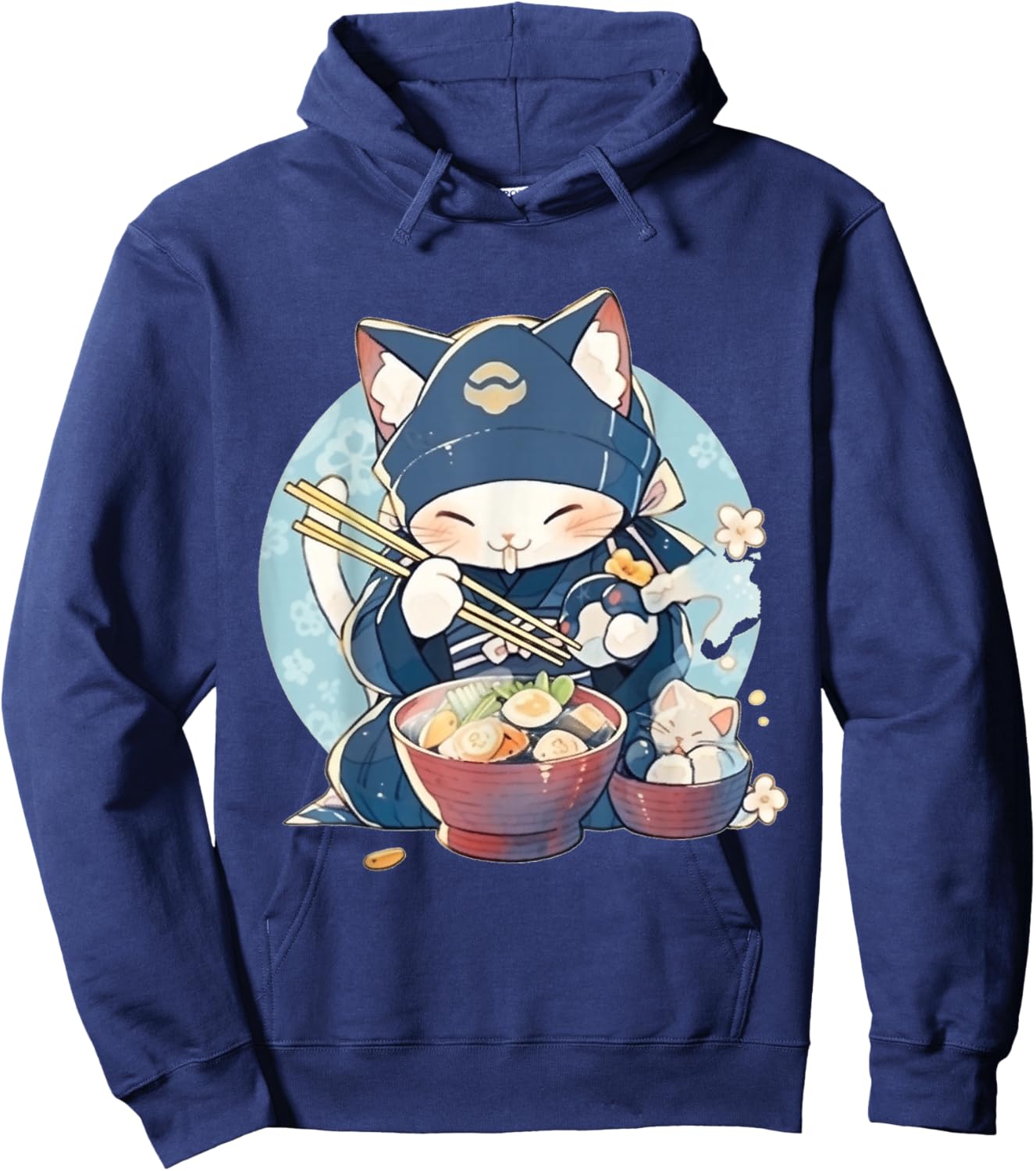 Japanese Art Ramen Cat Ninja Ukiyo-e Anime Style Samurai Cat Hoodie - Hoodie | Navy