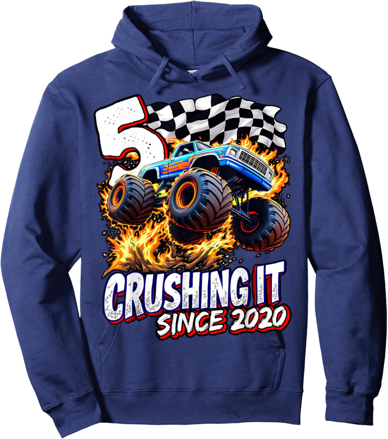 Birthday Monster Truck 5 year Old Boys 5th Party Born 2020 Hoodie - Hoodie | Navy