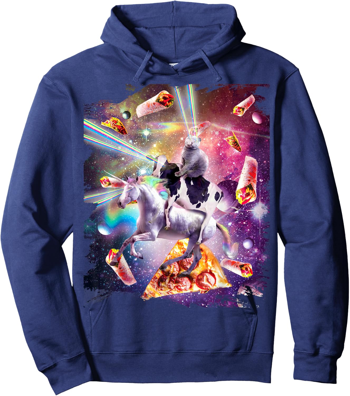 Laser Eye Space Cat on Cow Unicorn - Rainbow Hoodie - Hoodie | Navy