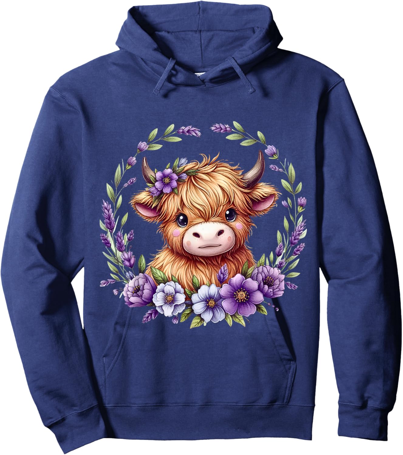 Baby Highland Cow with Purple Flowers Scottish Farm Hoodie - Hoodie | Navy