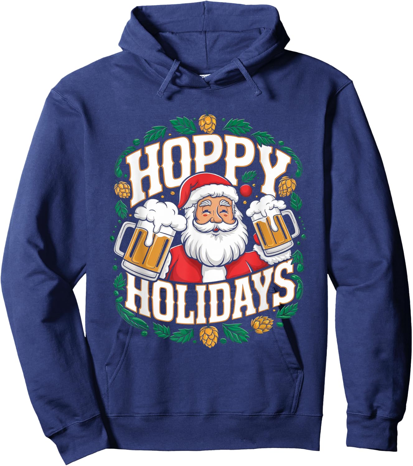 Hoppy Holidays Funny Santa Claus Beer Christmas Pun Hoodie - Hoodie | Navy