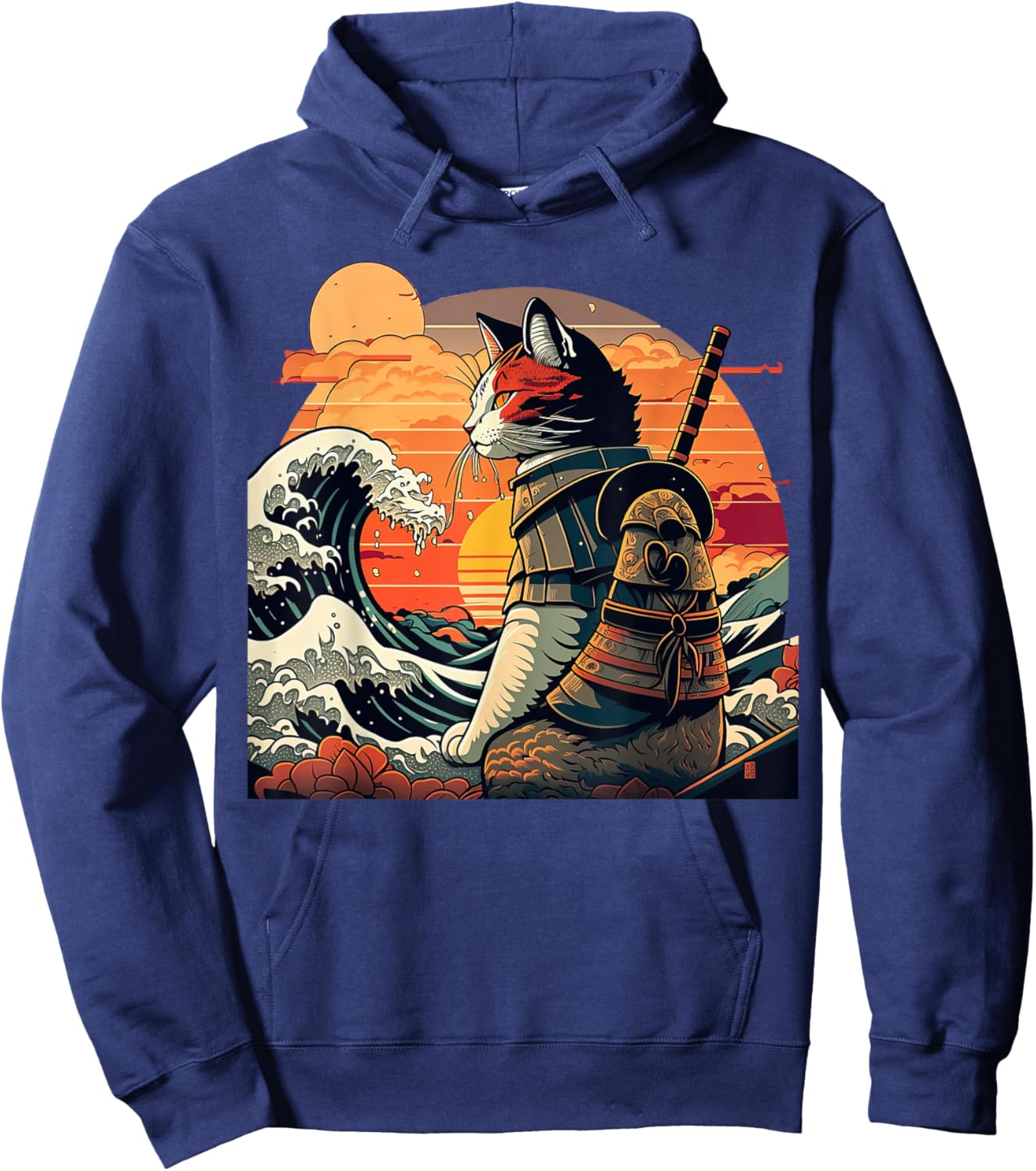 Japanese Retro Samurai cat The Great Wave by Hokusai Hoodie - Hoodie | Navy
