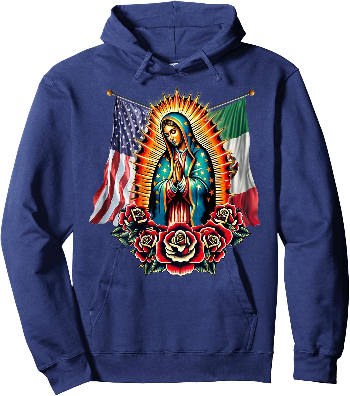 Virgen De Guadalupe Virgin Mary Mexican American Flag Hoodie - Hoodie | Navy