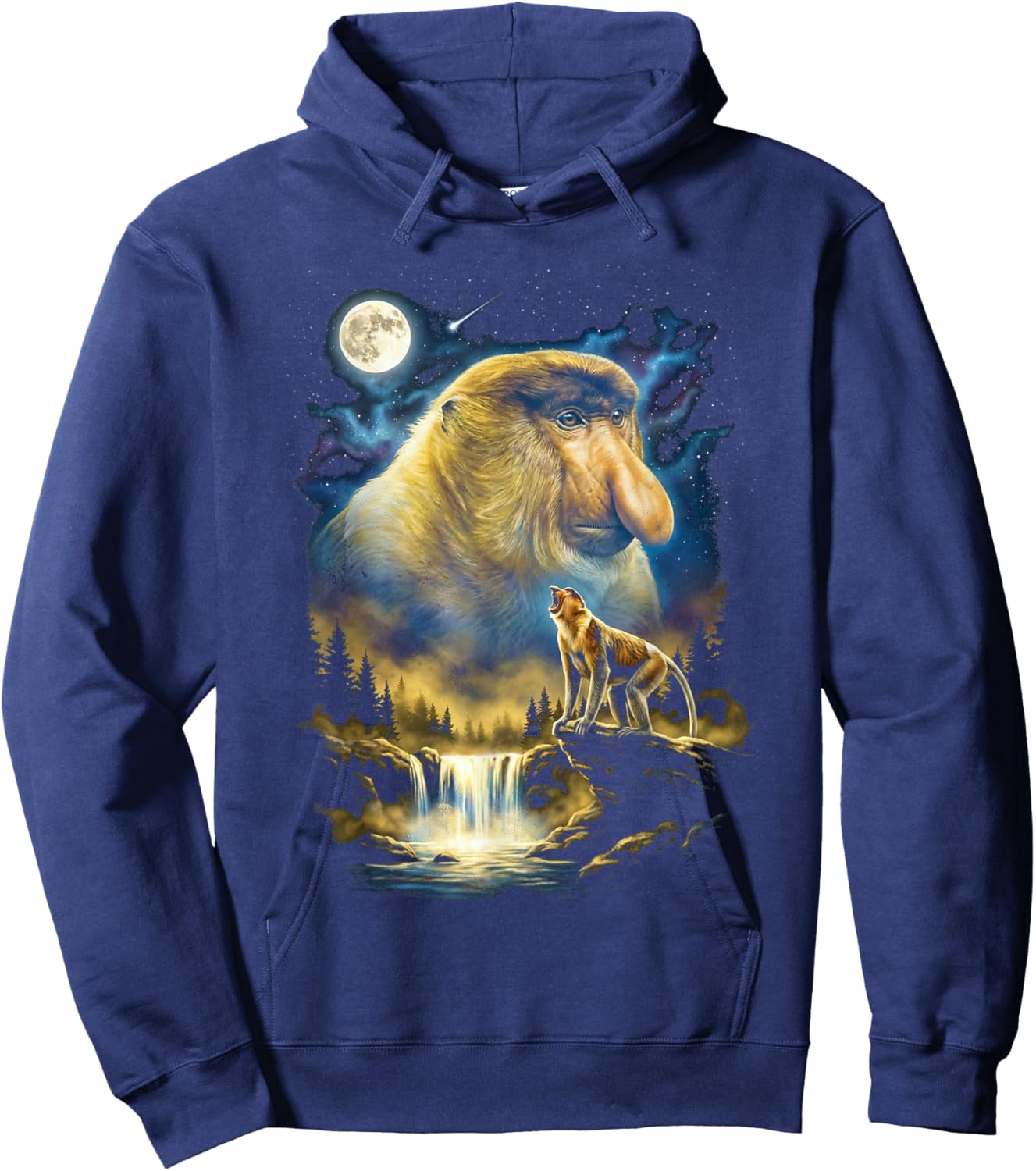 Monkey Howling to The Moon Meme Funny 90's Proboscis Monkey Hoodie - Hoodie | Navy