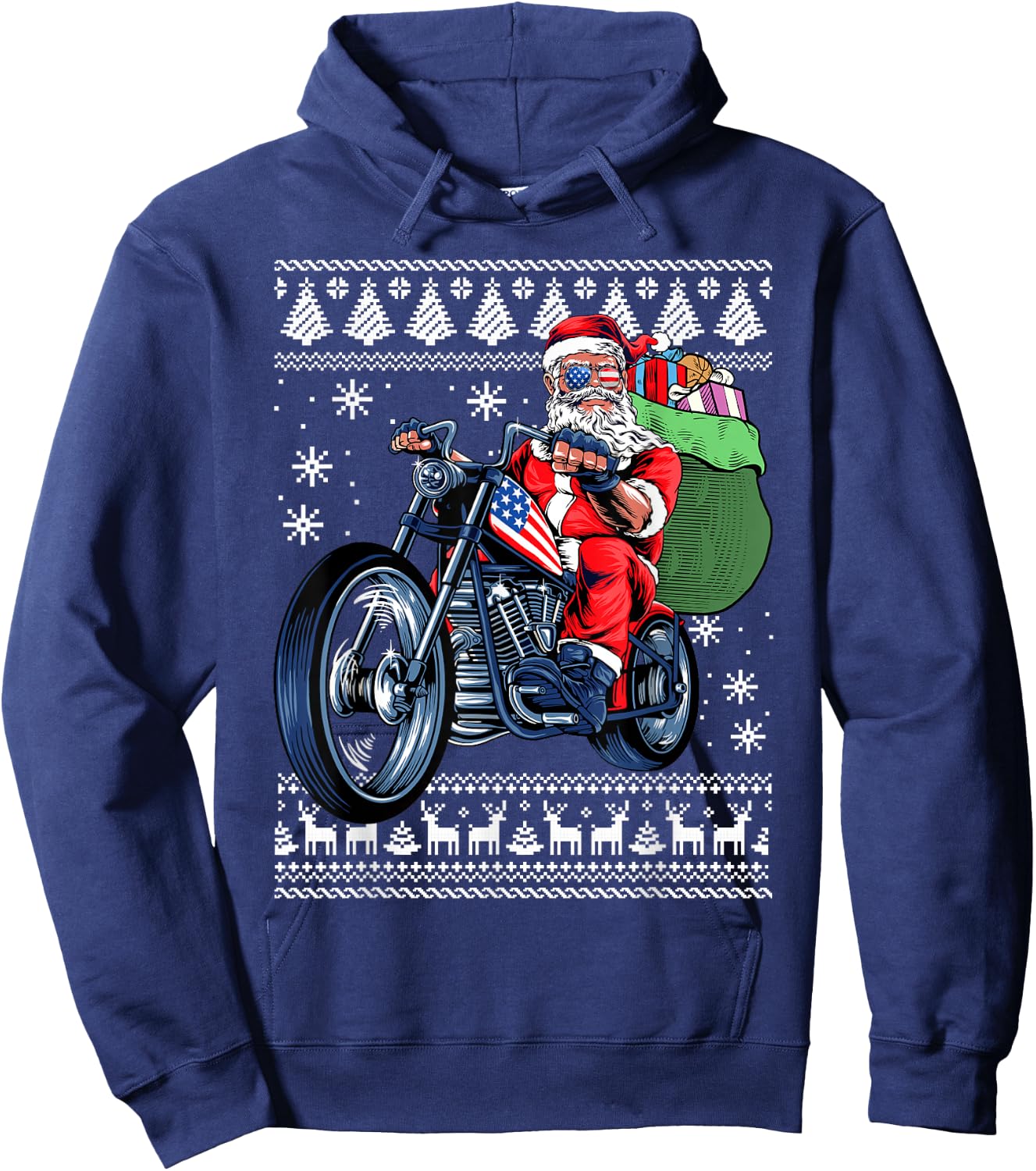 Santa Claus With Motorcycle Xmas Tree Ugly Christmas Sweater Hoodie - Hoodie | Navy