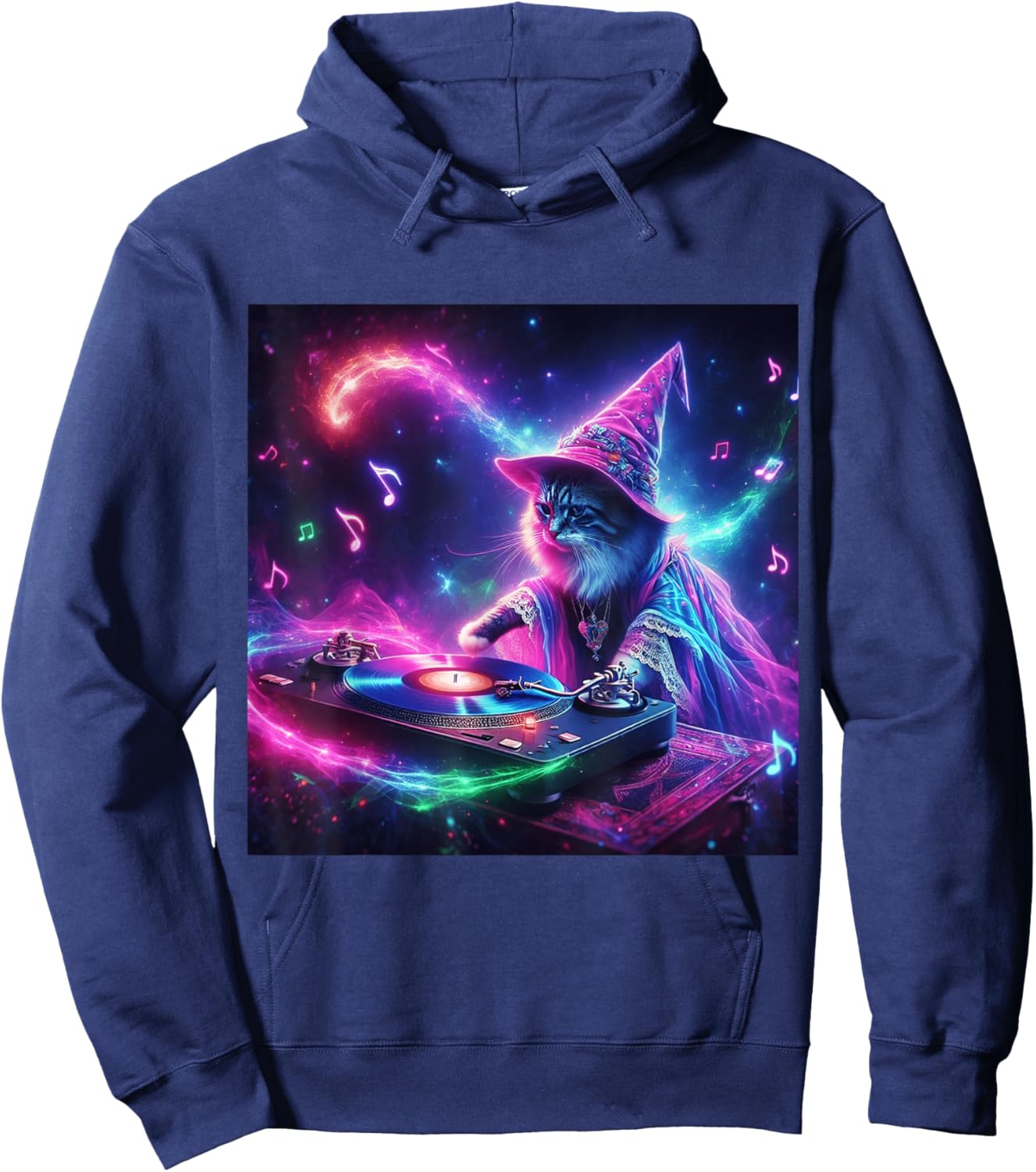 PLUR DJ Vibes Trippy Cat Festival EDM Rave Essential Novelty Hoodie - Hoodie | Navy