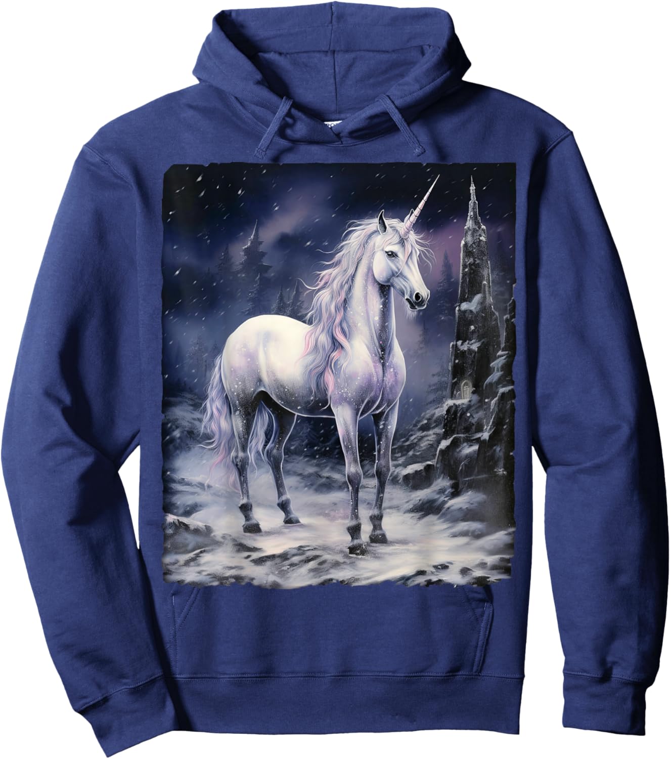 Fantasy white Unicorn standing on snowy mountain Hoodie - Hoodie | Navy