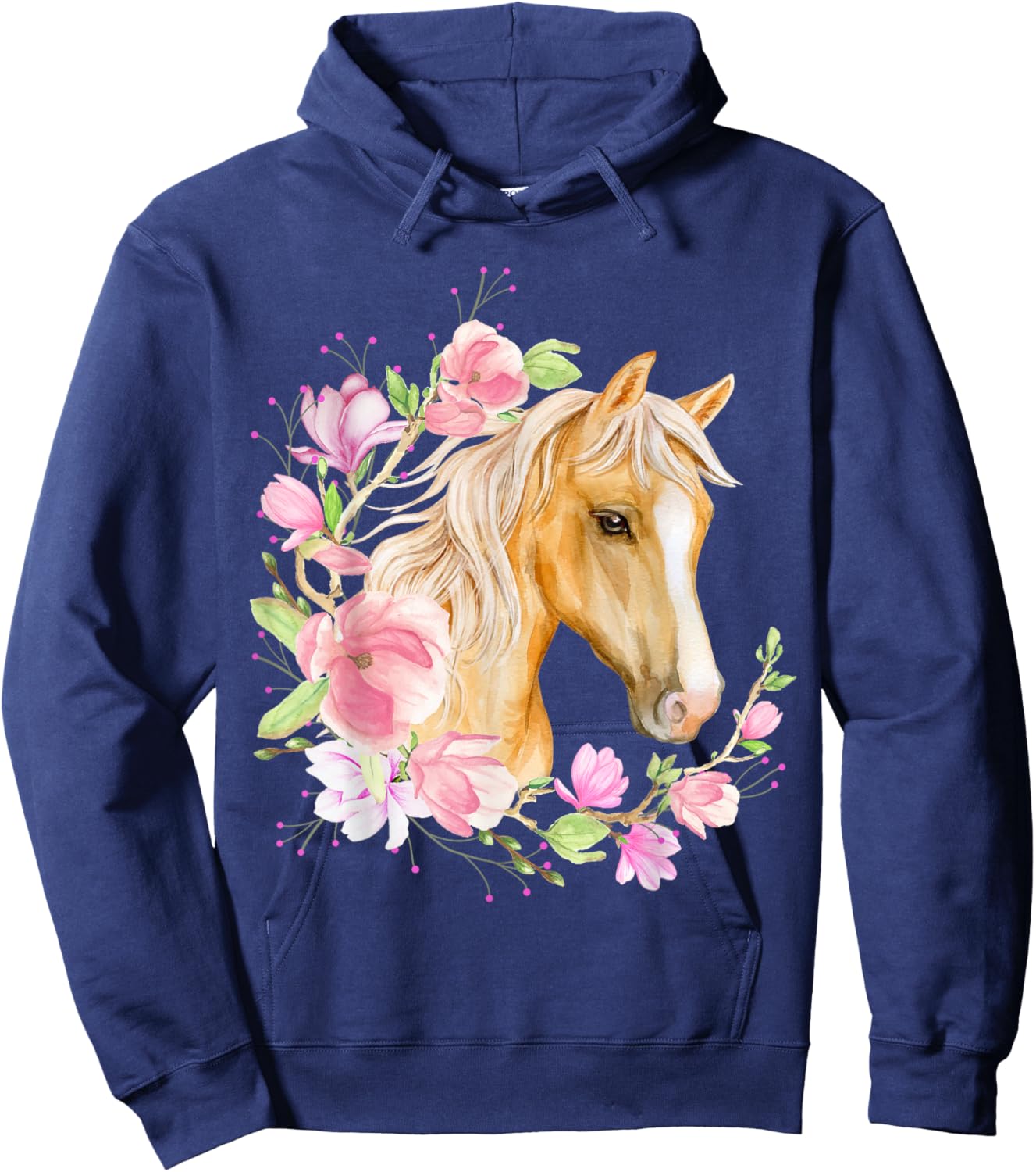 Palomino Horse, Magnolias, Horse Lovers, Blonde Horse Floral Hoodie - Hoodie | Navy