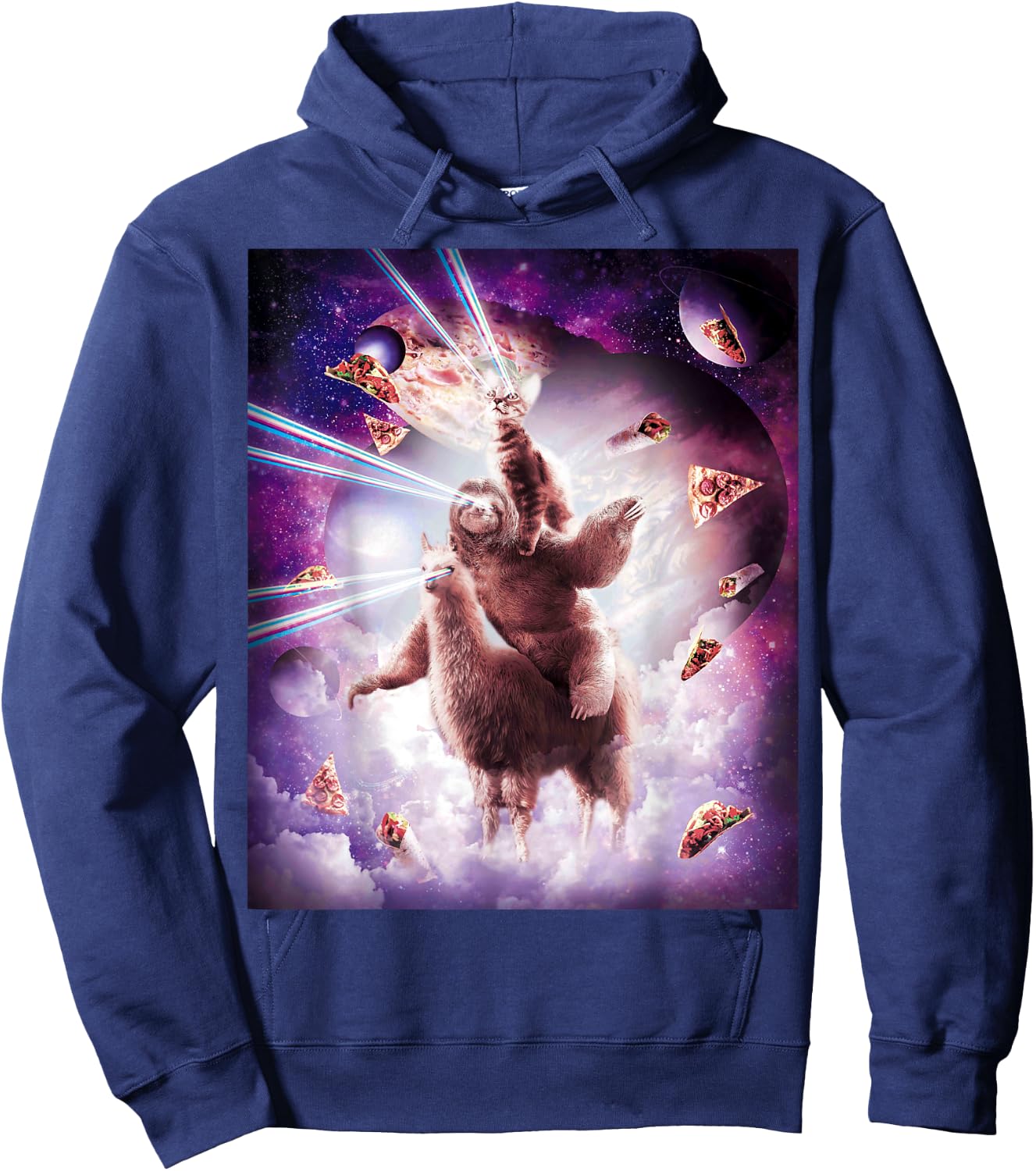 Laser Eyes Space Cat Riding Sloth, Llama - Rainbow Hoodie - Hoodie | Navy