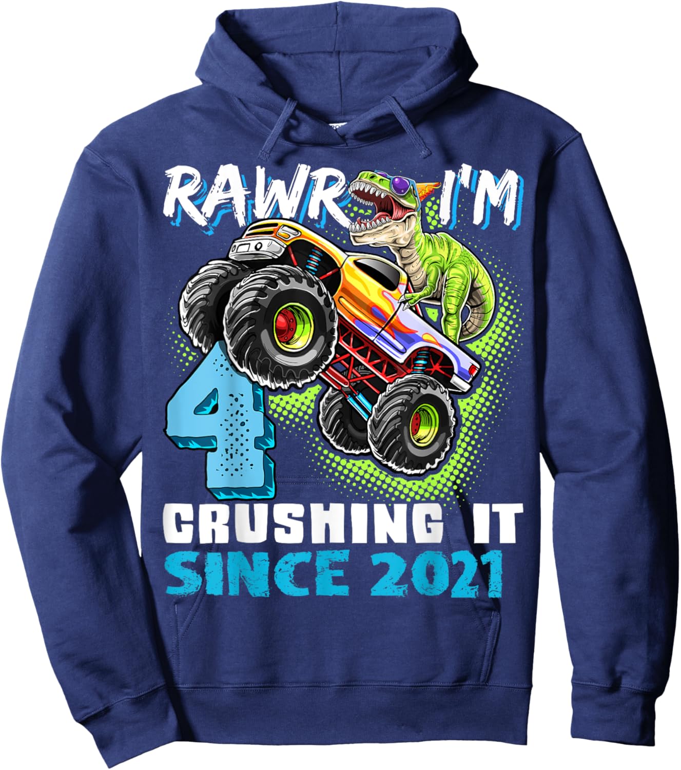 4th Birthday Monster Truck Dinosaur Party Boys Rawr I'm 4 Hoodie - Hoodie | Navy