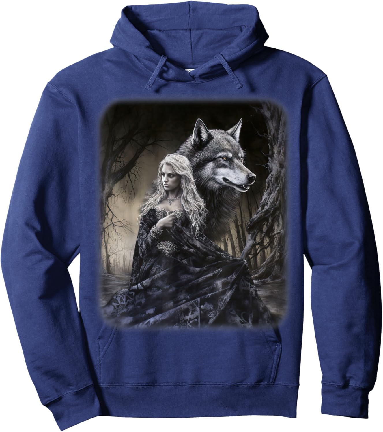 Woman and Gray Wolf in Forest Moon Fantasy Art Painting Hoodie - Hoodie | Navy