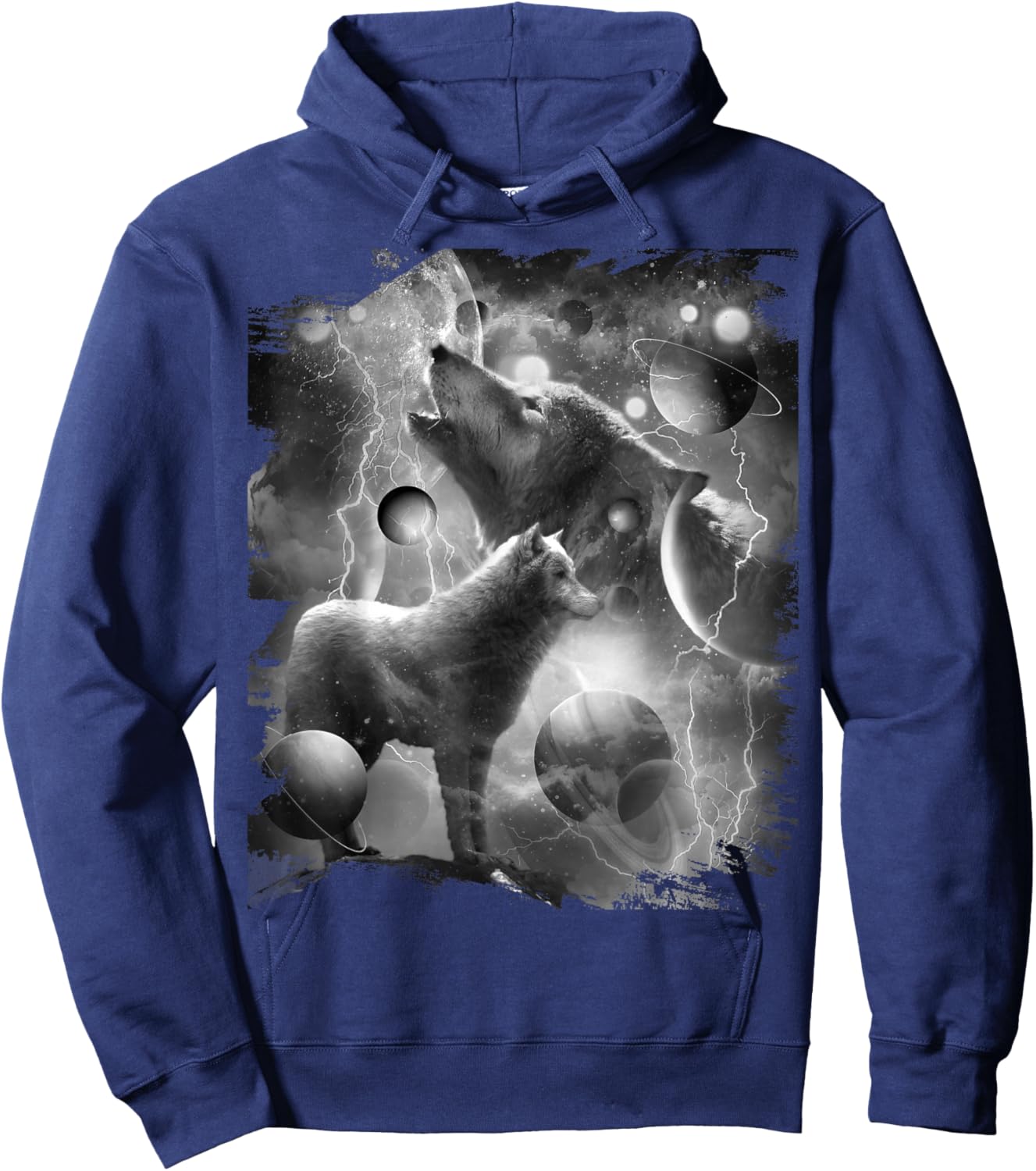 Black and White Wolf Lightning, Cosmic Wolves Howling Hoodie - Hoodie | Navy