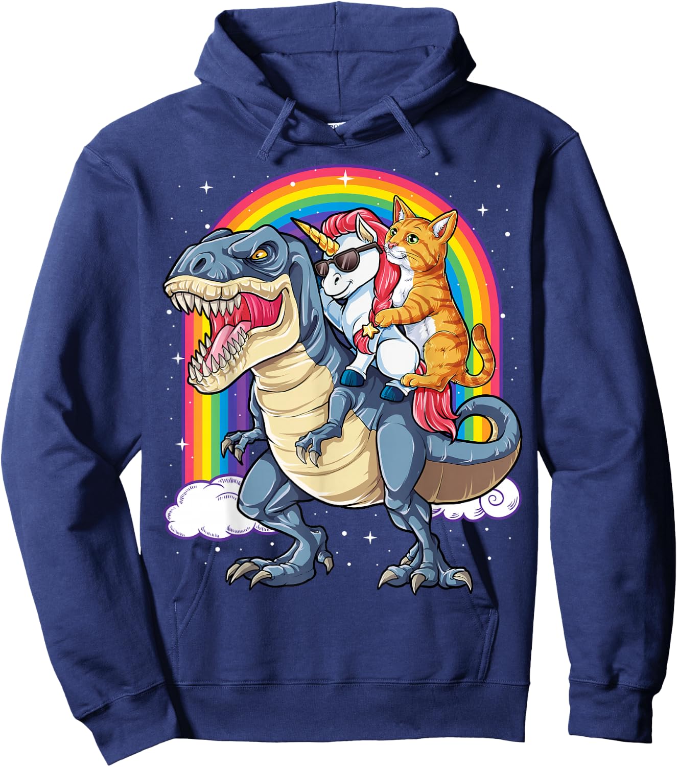 Cat Unicorn Riding Dinosaur T rex Kitten Lover Space Galaxy Hoodie - Hoodie | Navy