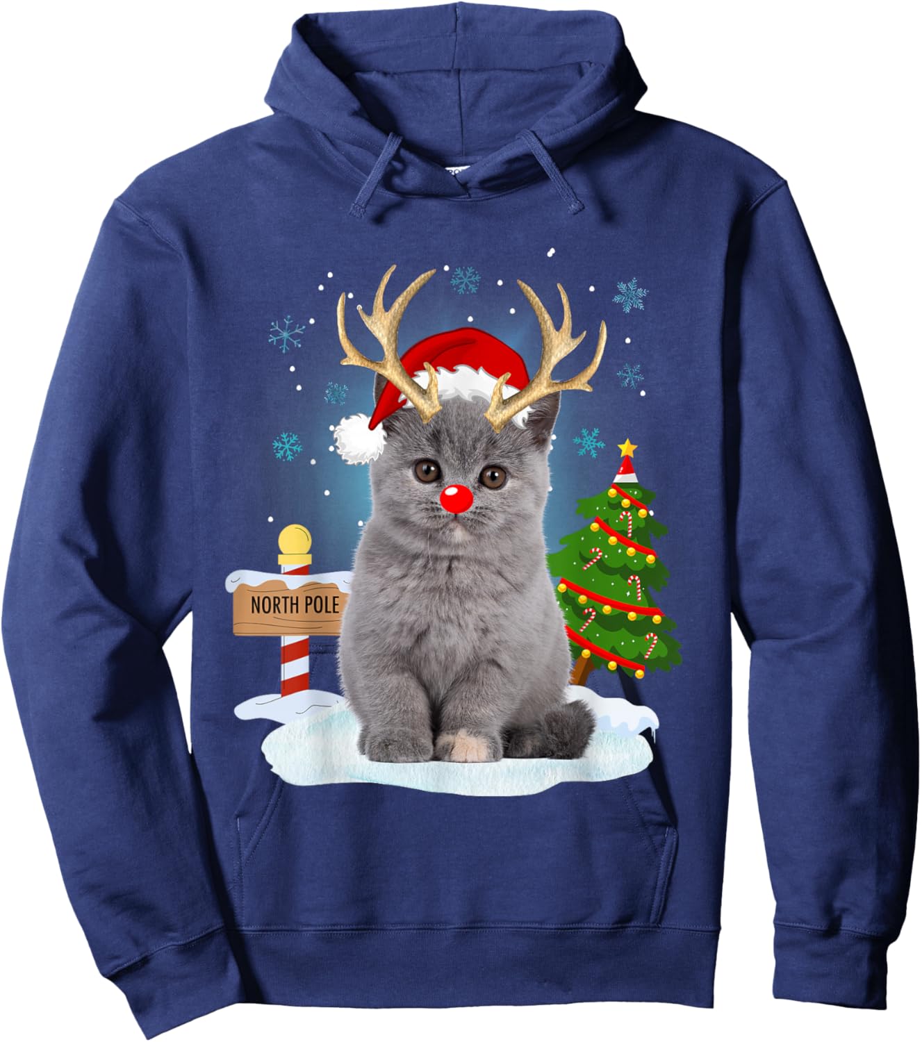 Funny Ugly Sweater Cat Reindeer North Pole Christmas Hoodie - Hoodie | Navy