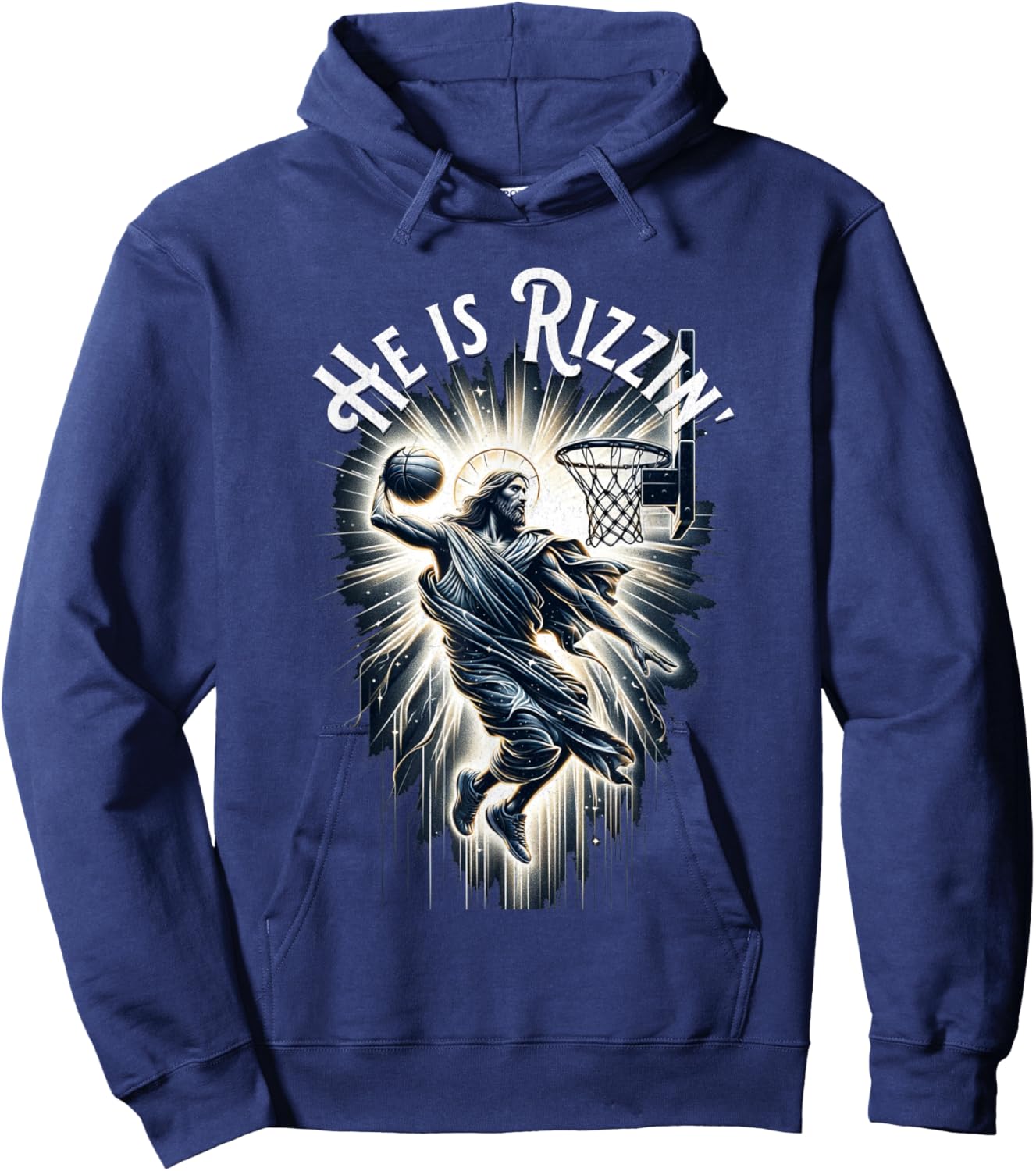 Sports Rizz Rizzen He is Rizzin Jesus Playing Basketball Hoodie - Hoodie | Navy