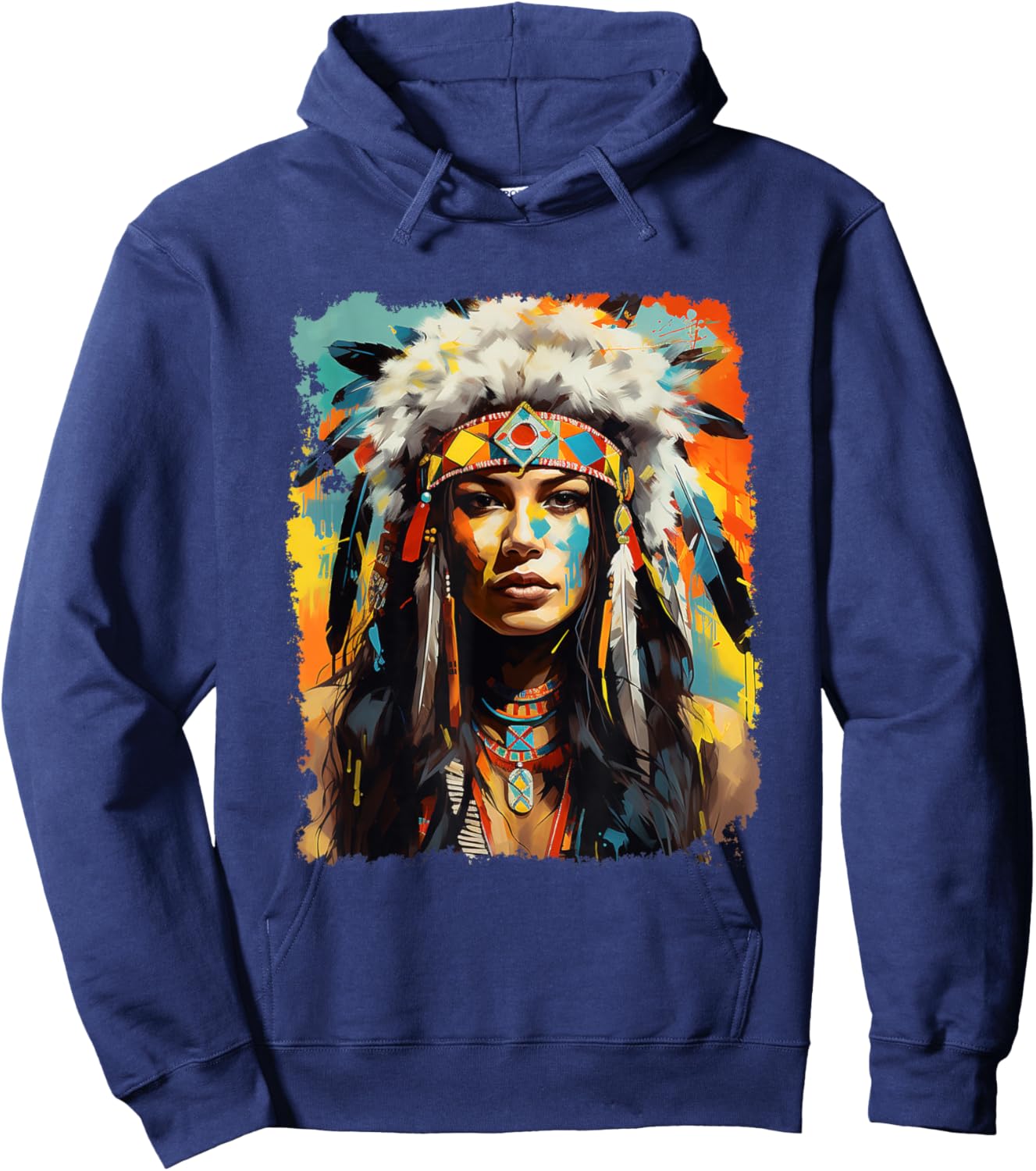 Indigenous Wolfwear Beautiful Native American - Black, -Adults, Short Sleeve, Small, Regular Fit, Modern Tribal Fusion Hoodie - Hoodie | Navy