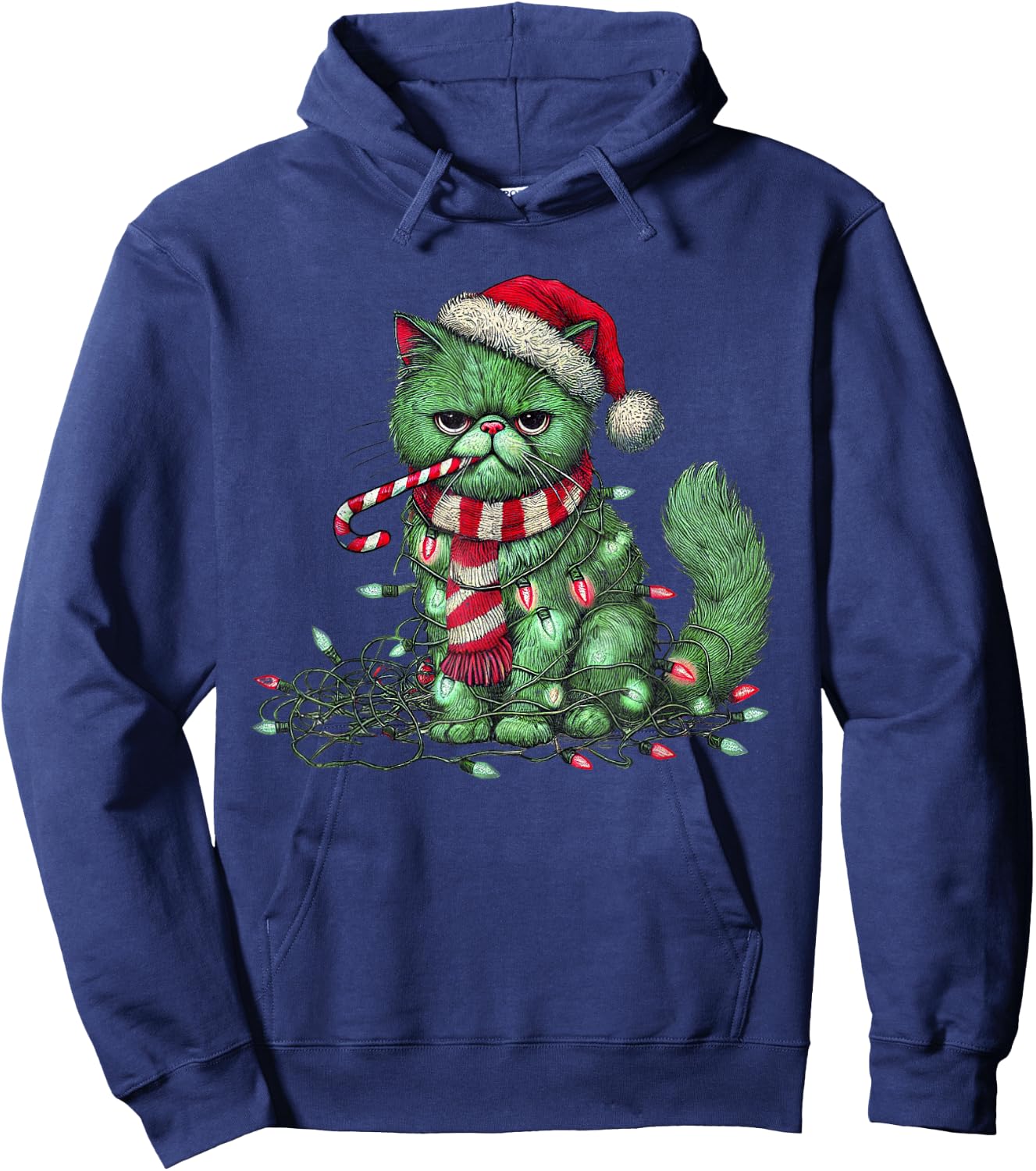 Christmas Cat with Santa Hat & Tree Lights Christmas cat Hoodie - Hoodie | Navy