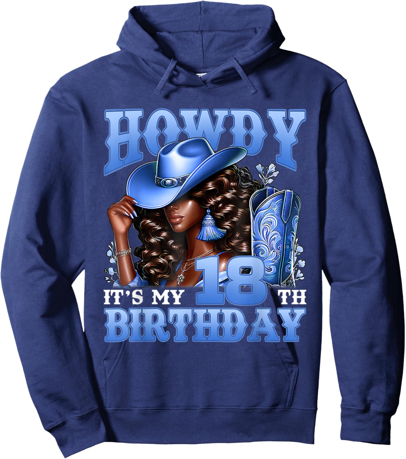 Howdy 18th Birthday Western Cowgirl Hat Boots Black Women Hoodie - Hoodie | Navy