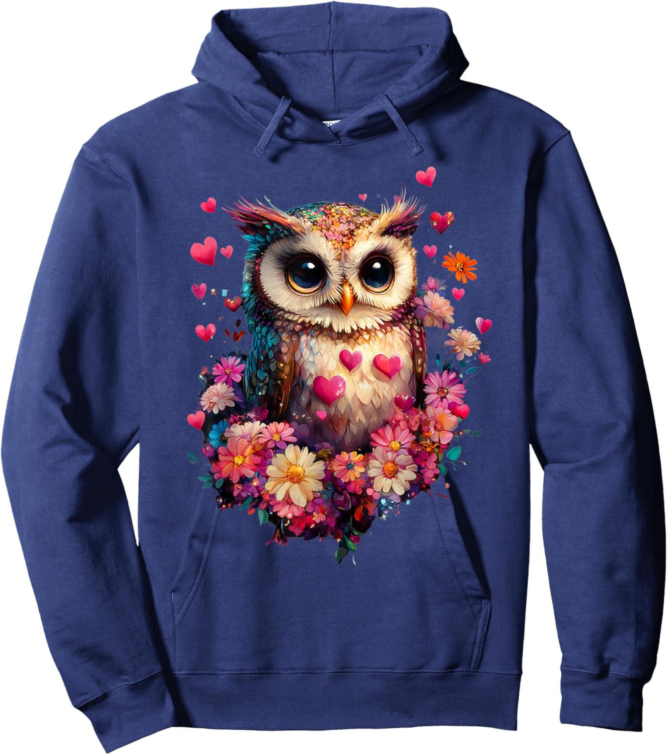 Owl Hearts and Flowers Graphic Valentines Day Hoodie - Hoodie | Navy