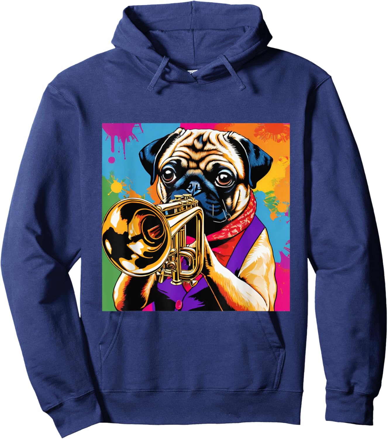 Fun Pug Playing Trumpet | Vintage Pop Art Jazz Player Dog Men Women Girls Kids Hoodie - Hoodie | Navy