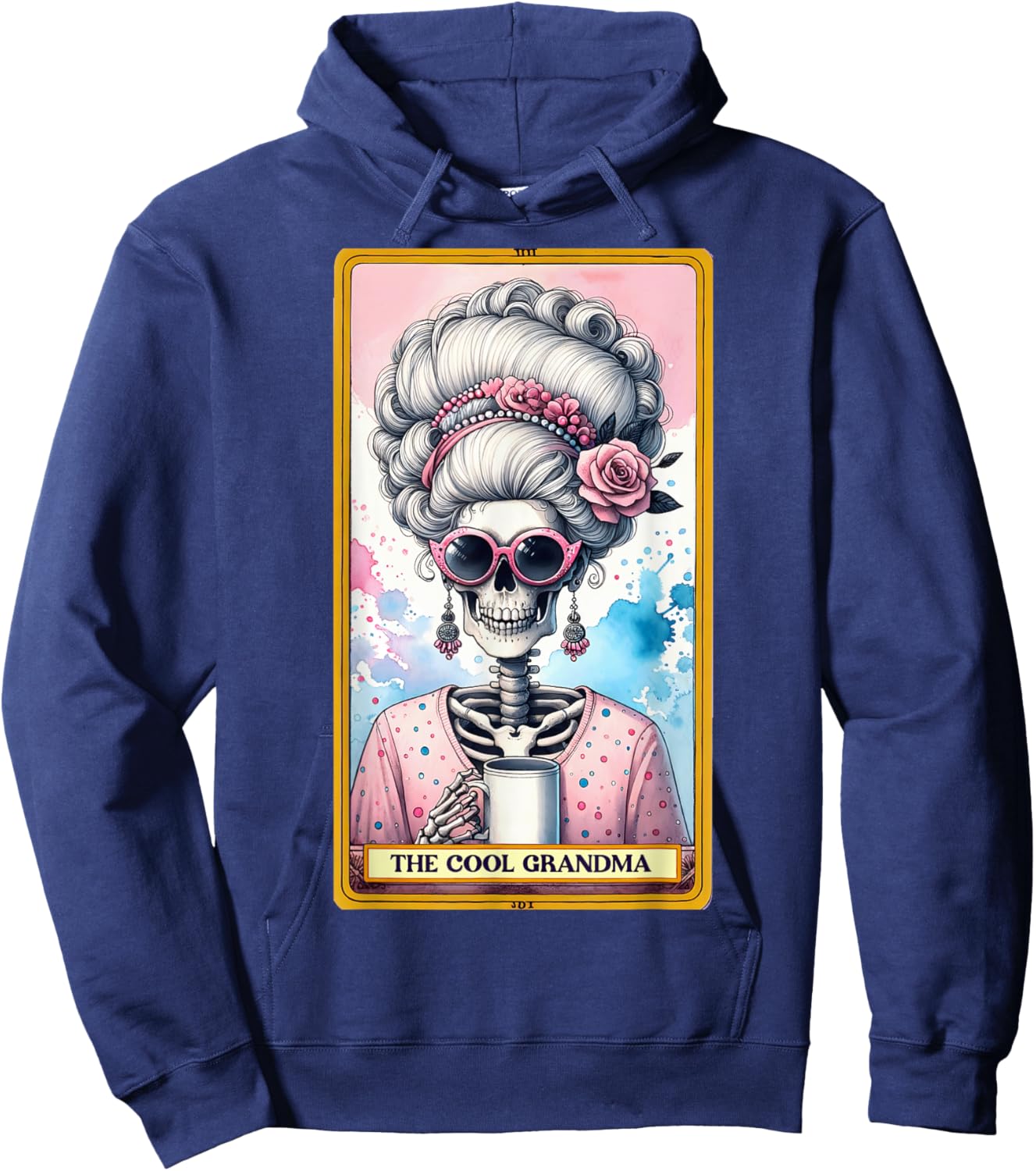 Cool Grandma Tarot Card Skeleton Skelly Messy Bun Coffee Hoodie - Hoodie | Navy