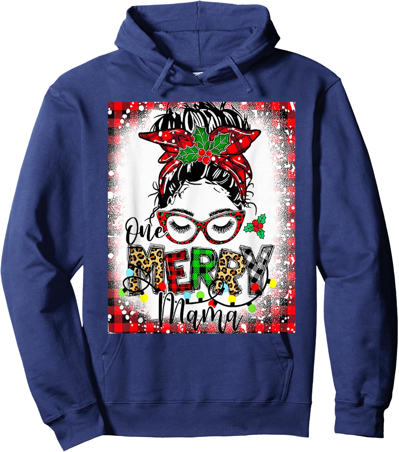 Bleached One Merry Mama Messy Bun Mama Christmas Hoodie - Hoodie | Navy