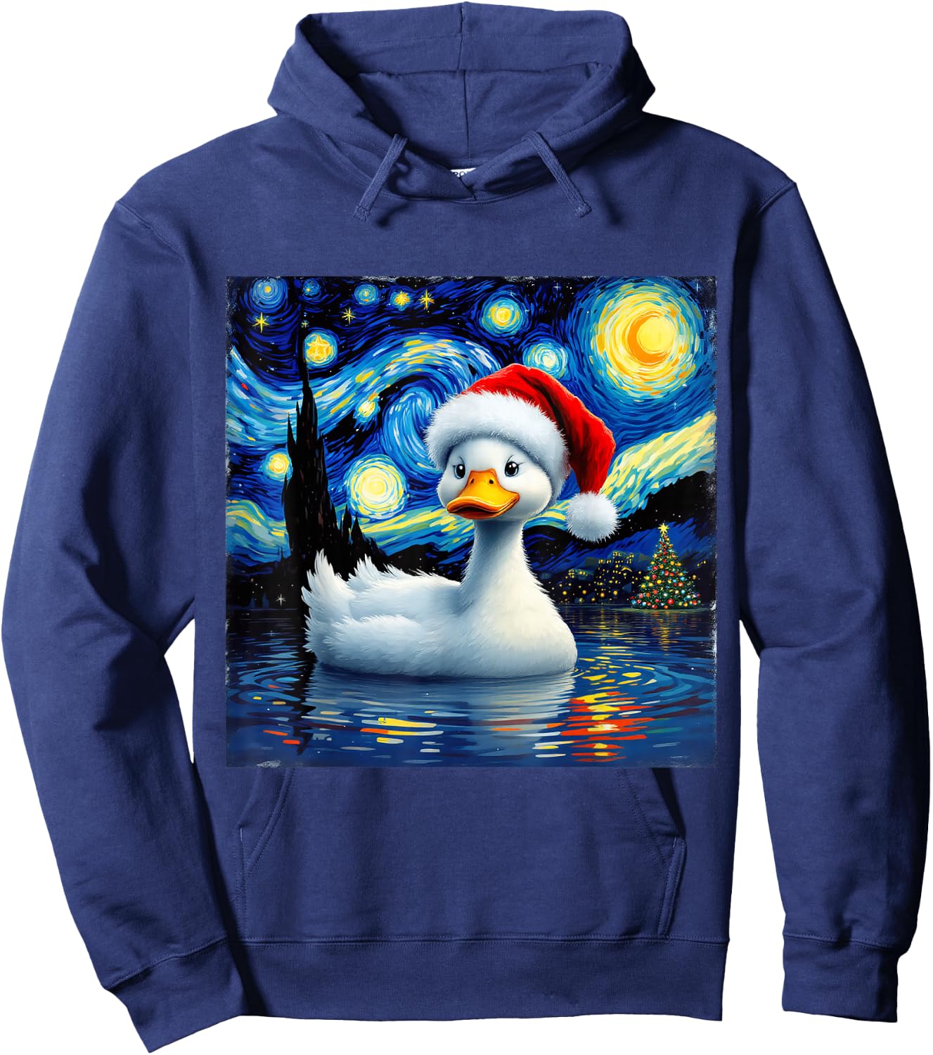 Christmas Duck Santa Hat Van Gogh Starry Night Holiday Hoodie - Hoodie | Navy