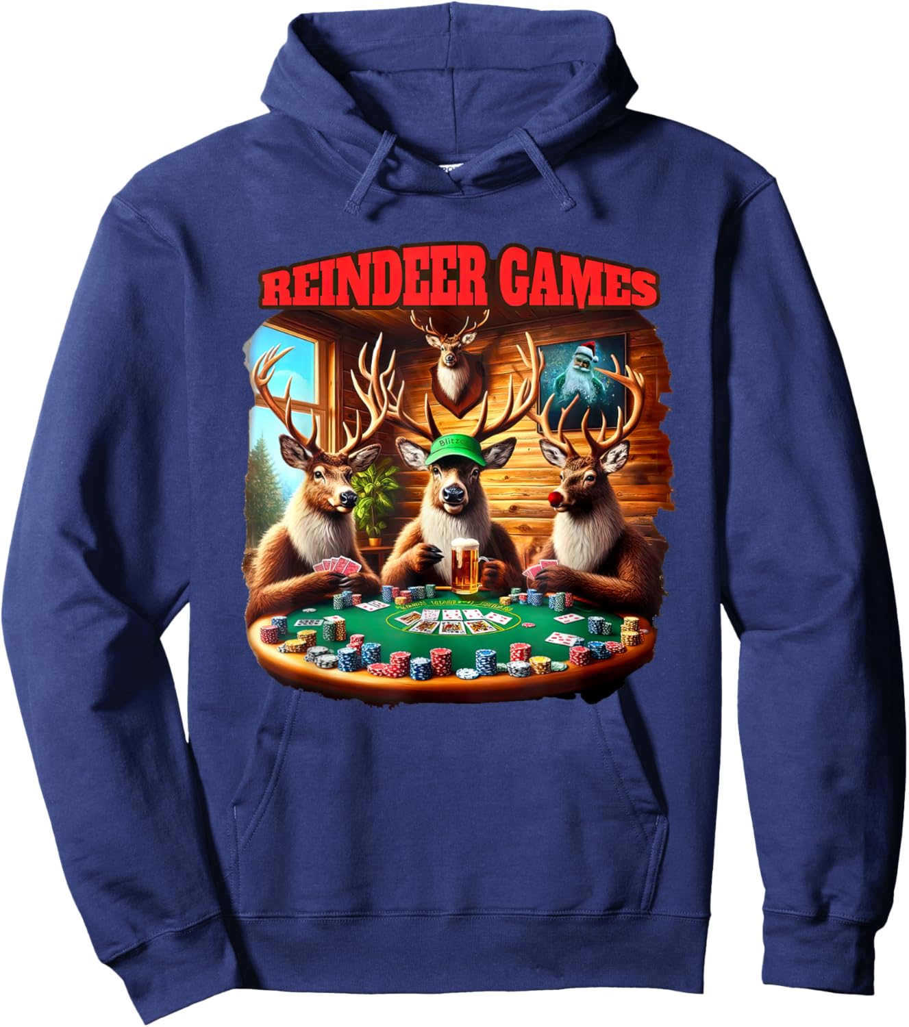 Funny Deer Playing Poker Christmas Reindeer Matching Game Hoodie - Hoodie | Navy