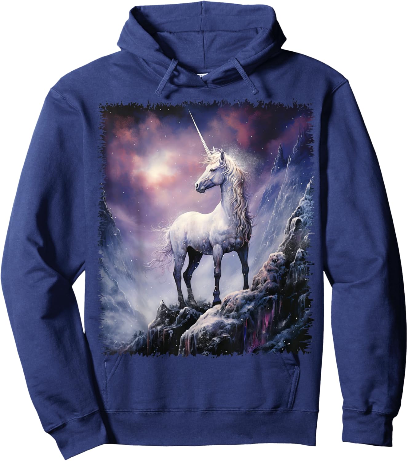 Fantasy white Unicorn standing on the snowy hill Hoodie - Hoodie | Navy