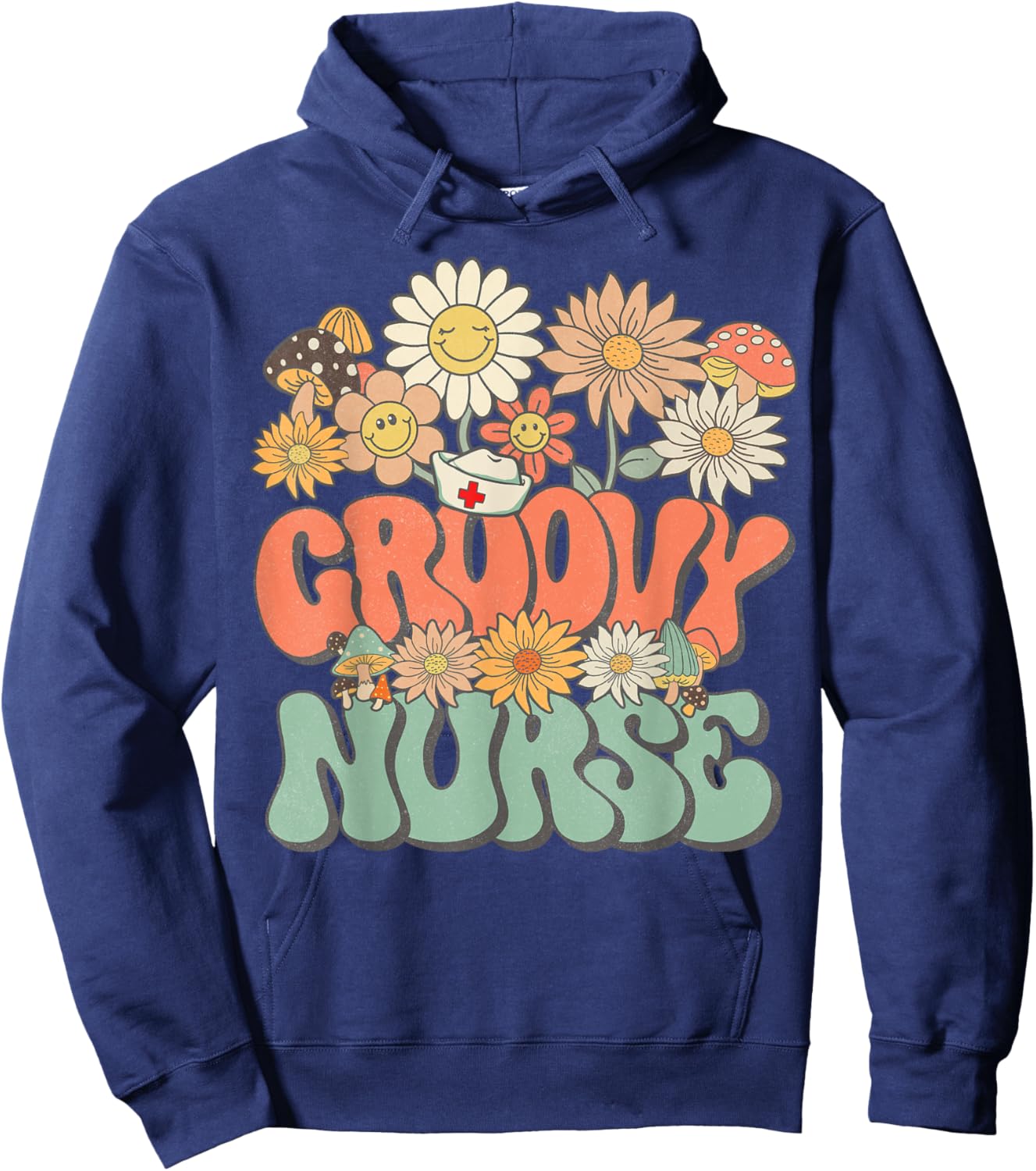 Retro Groovy Nurse Floral Hippie Daisy Flower Matching Nurse Hoodie - Hoodie | Navy