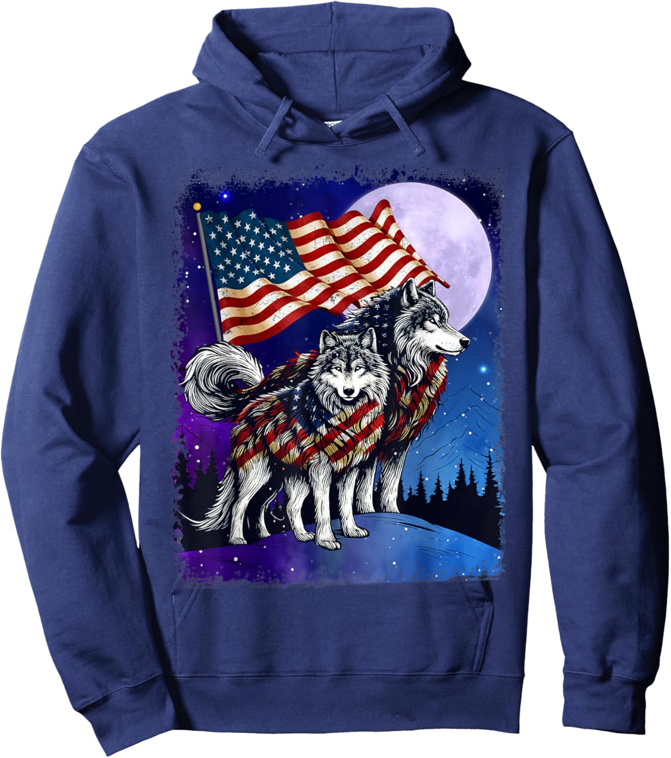 Wolf 4th of July American Flag Howling Wolves Under Moon Women Men Hoodie - Hoodie | Navy