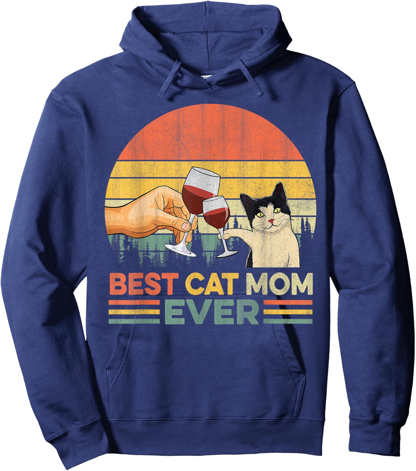 Vintage Best Cat Mom Ever Wine Drinking Women Hoodie - Hoodie | Navy