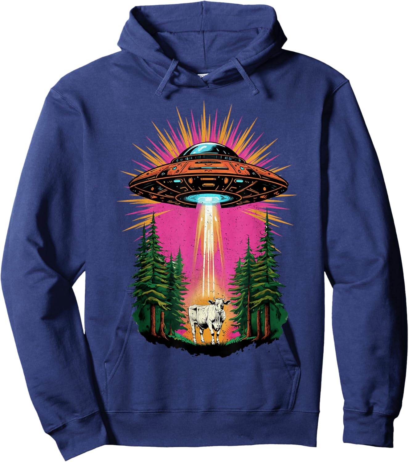 Vintage UFO Cow Abduction Alien Christmas Sci-fi Gift Funny Hoodie - Hoodie | Navy