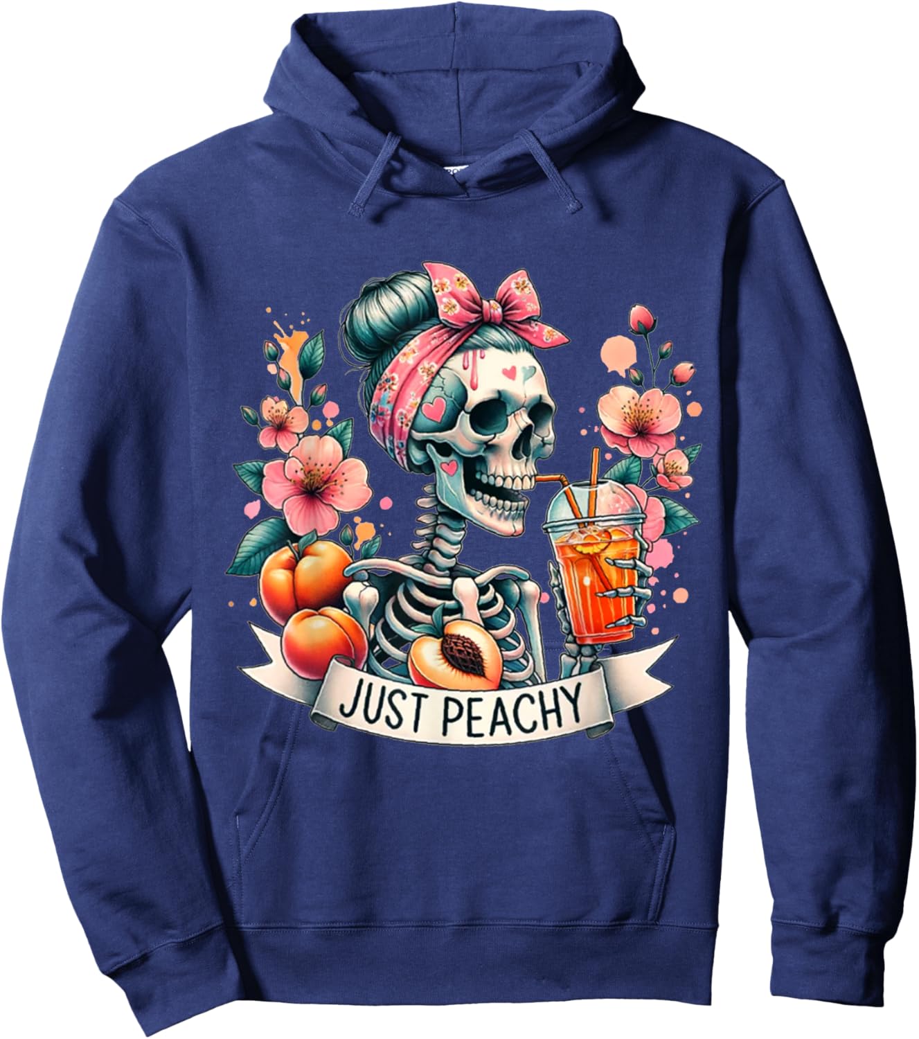 Just Peachy Skeleton Retro 70s Hippie Summer Vibes Hoodie - Hoodie | Navy