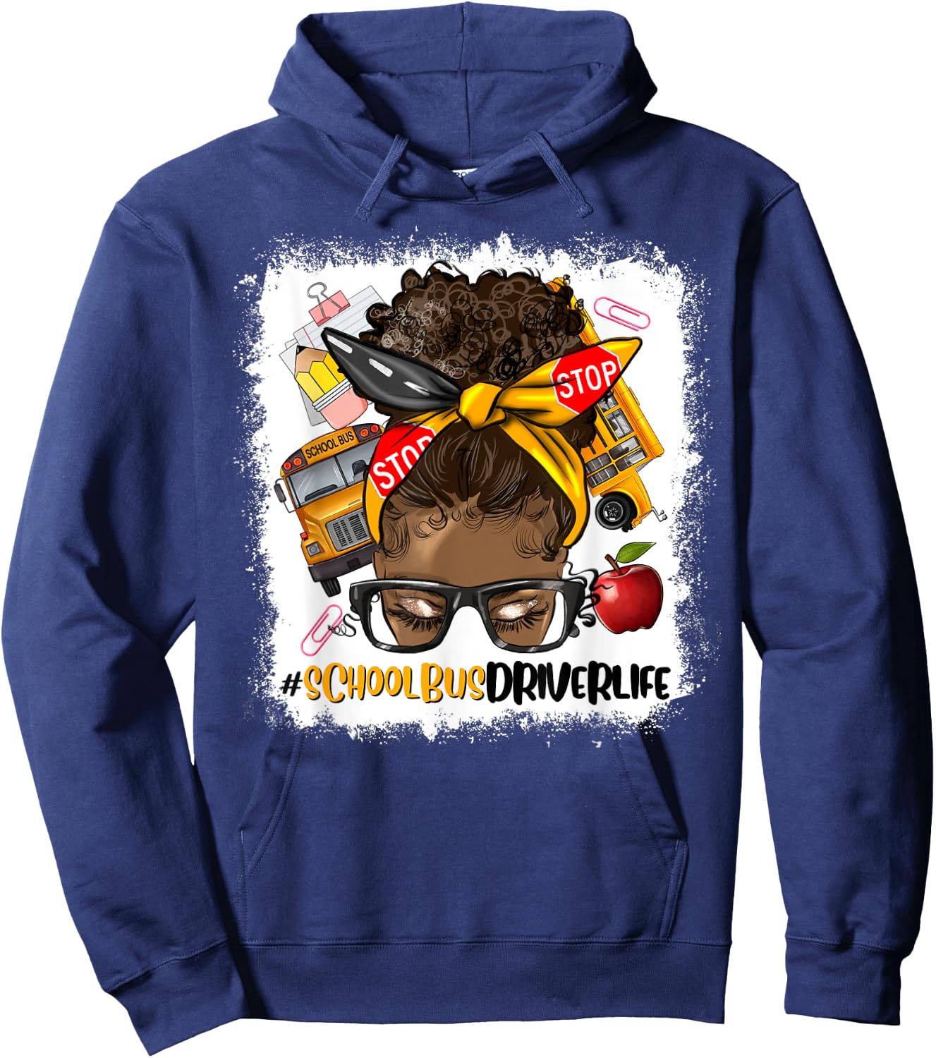 Afro Messy Bun School Bus Driver Black Woman Hoodie - Hoodie | Navy