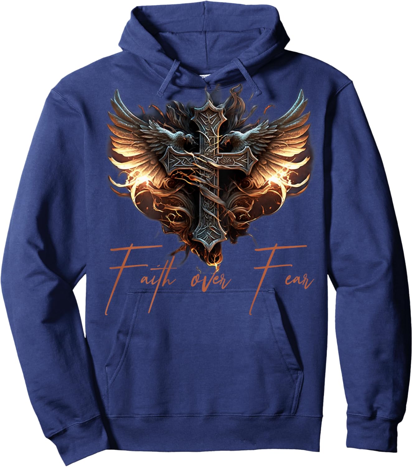 Biker Angel Wings Christian Cross Faith Over Fear - On Back Hoodie - Hoodie | Navy