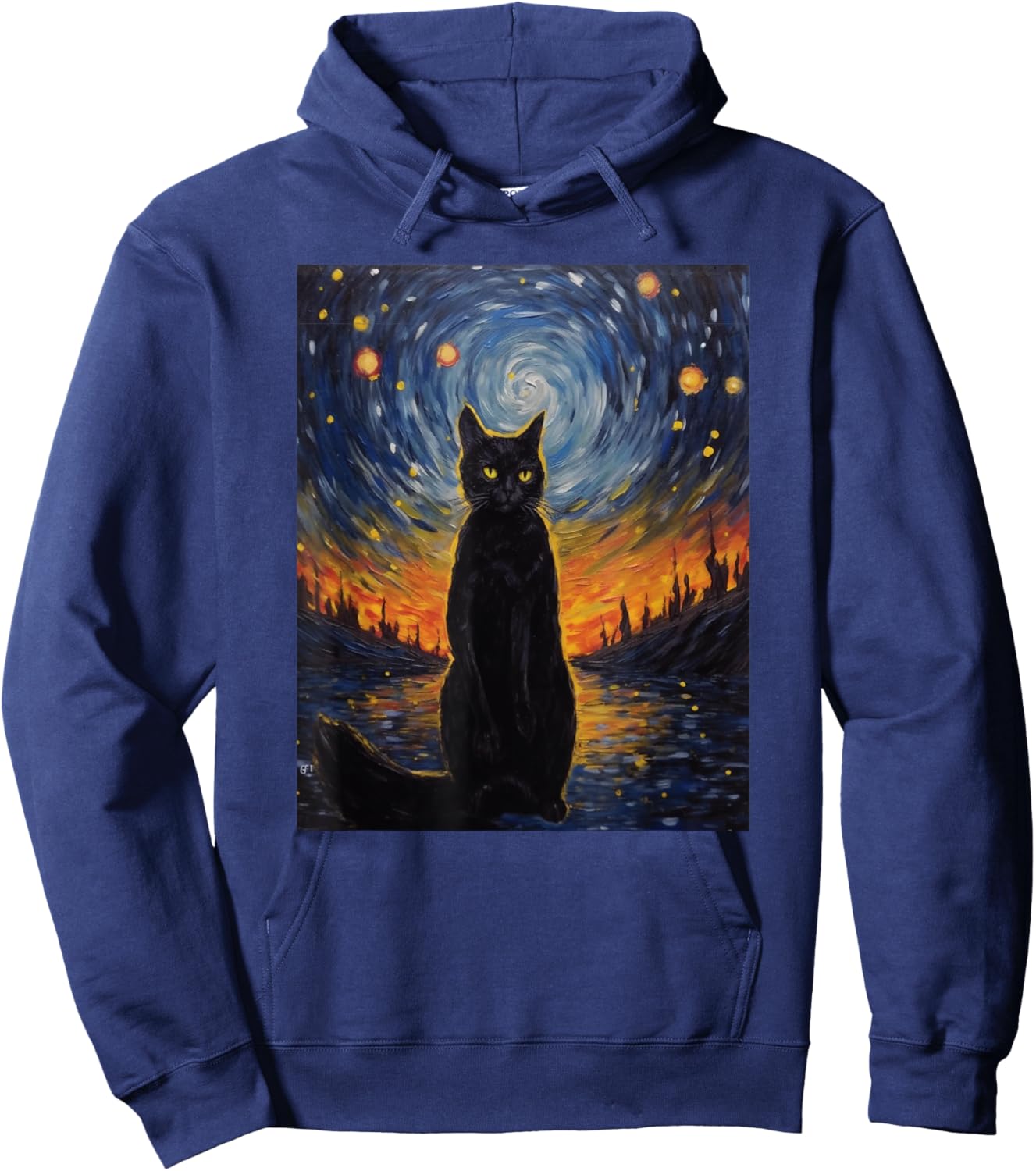 black cat Painting art Starry Night kitty kitten Van Gogh Hoodie - Hoodie | Navy