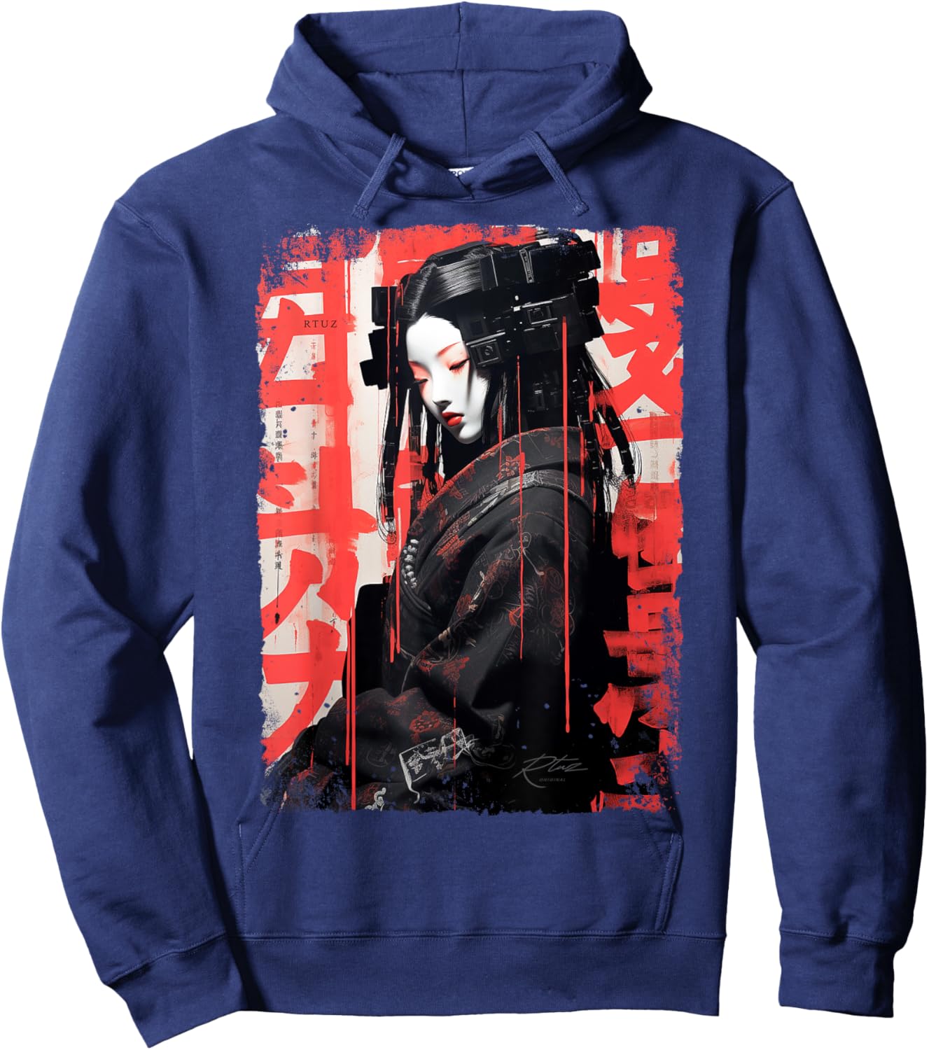 Hip Hop Y2K Vintage Hipster Edgy Urban Streetwear Geisha Hoodie - Hoodie | Navy