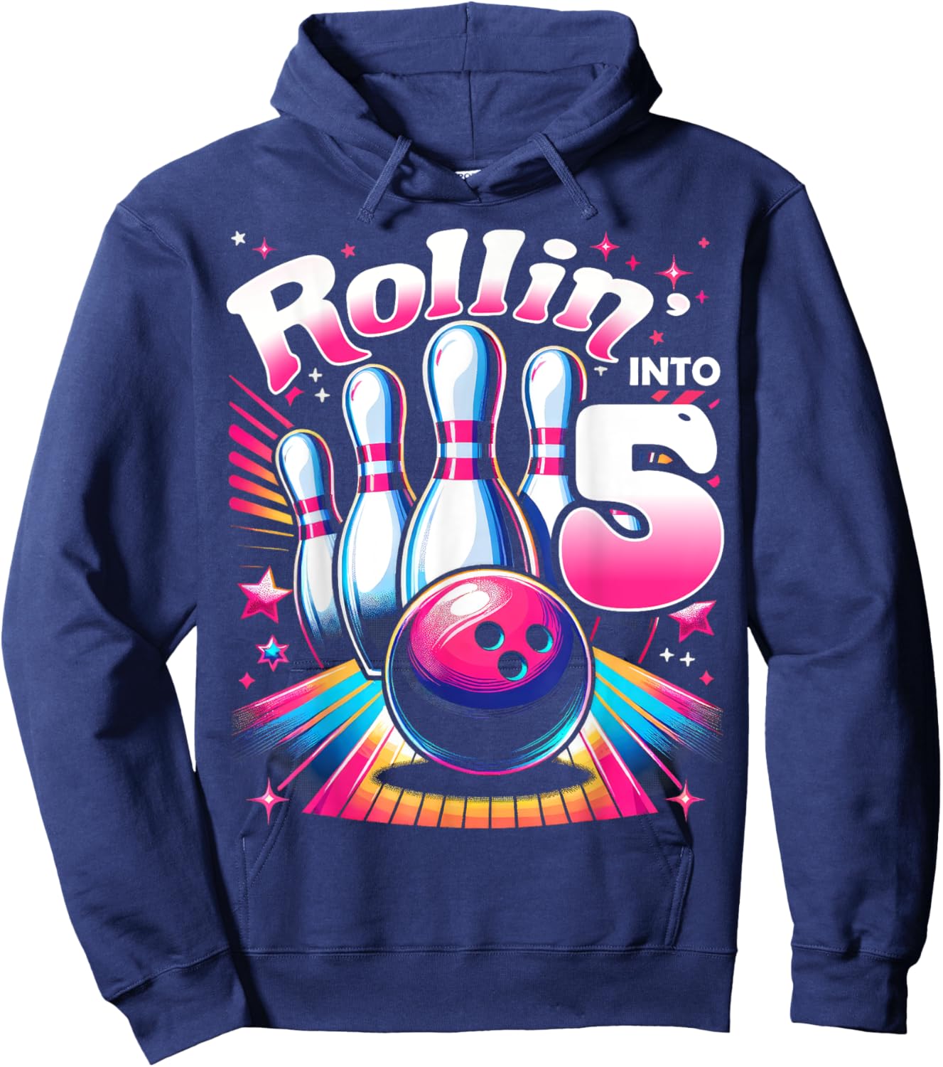 Bowling Birthday Rollin into 5 Party 5th Birthday Retro Girl Hoodie - Hoodie | Navy