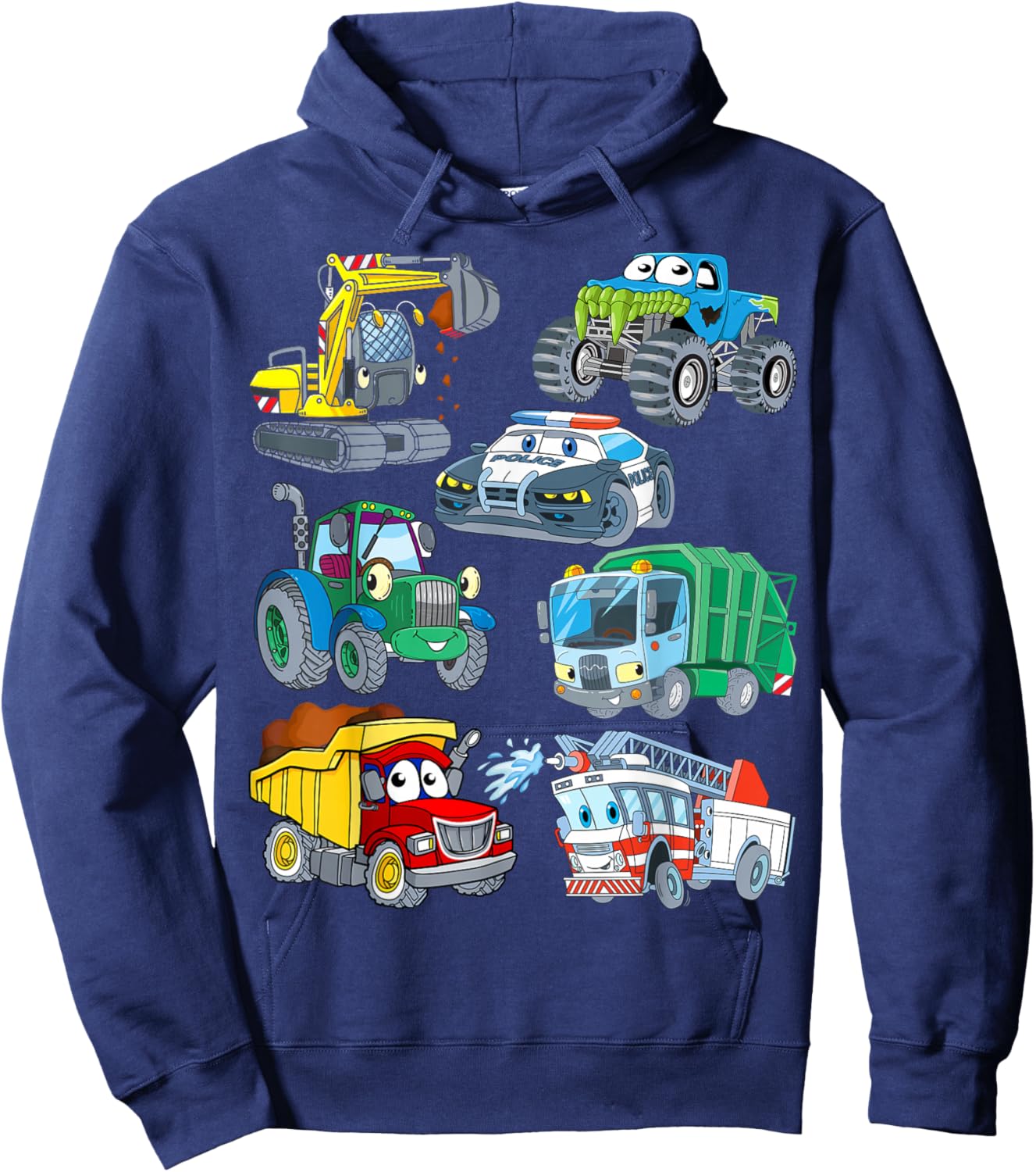 Excavator Fire Engine Police Car Monster Truck for Boys Hoodie - Hoodie | Navy