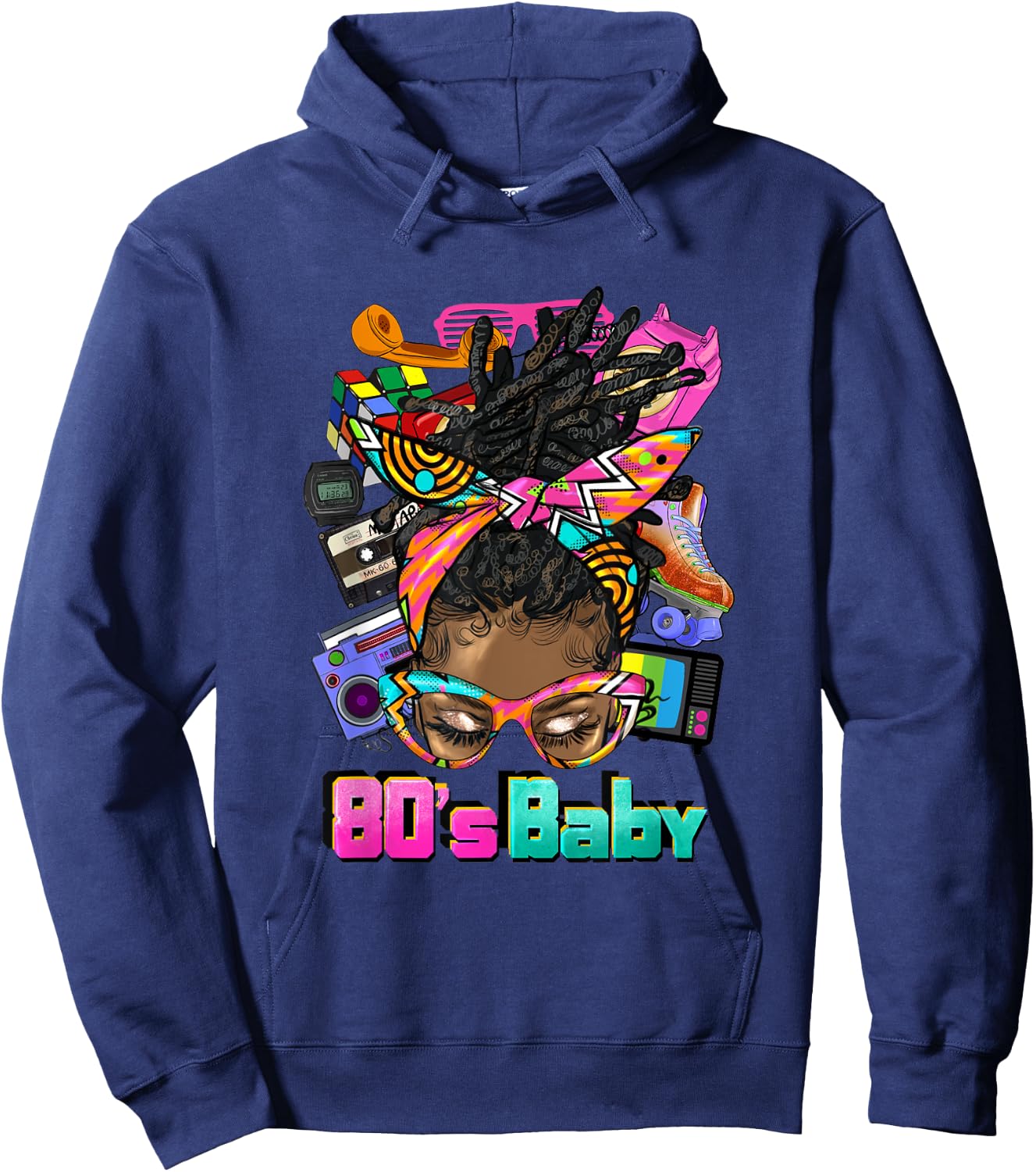 80's Baby Afro Messy Bun African American 1980's Retro Hoodie - Hoodie | Navy