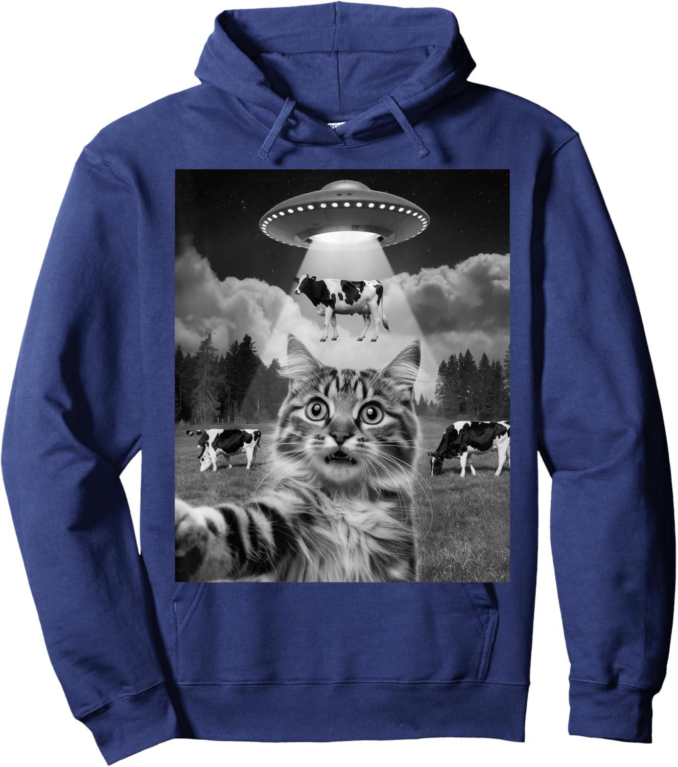 Cat Selfie Flying Alien UFO Cow Lover Men Women Kids Hoodie - Hoodie | Navy