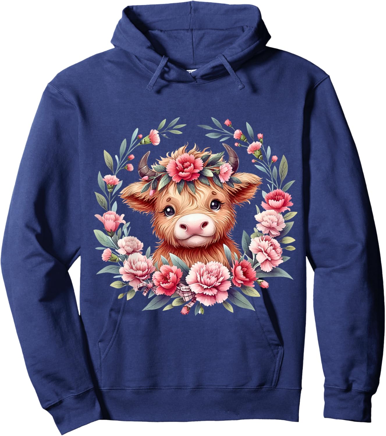 Cute Baby Highland Cow With Carnation Flower Scottish Farm Hoodie - Hoodie | Navy