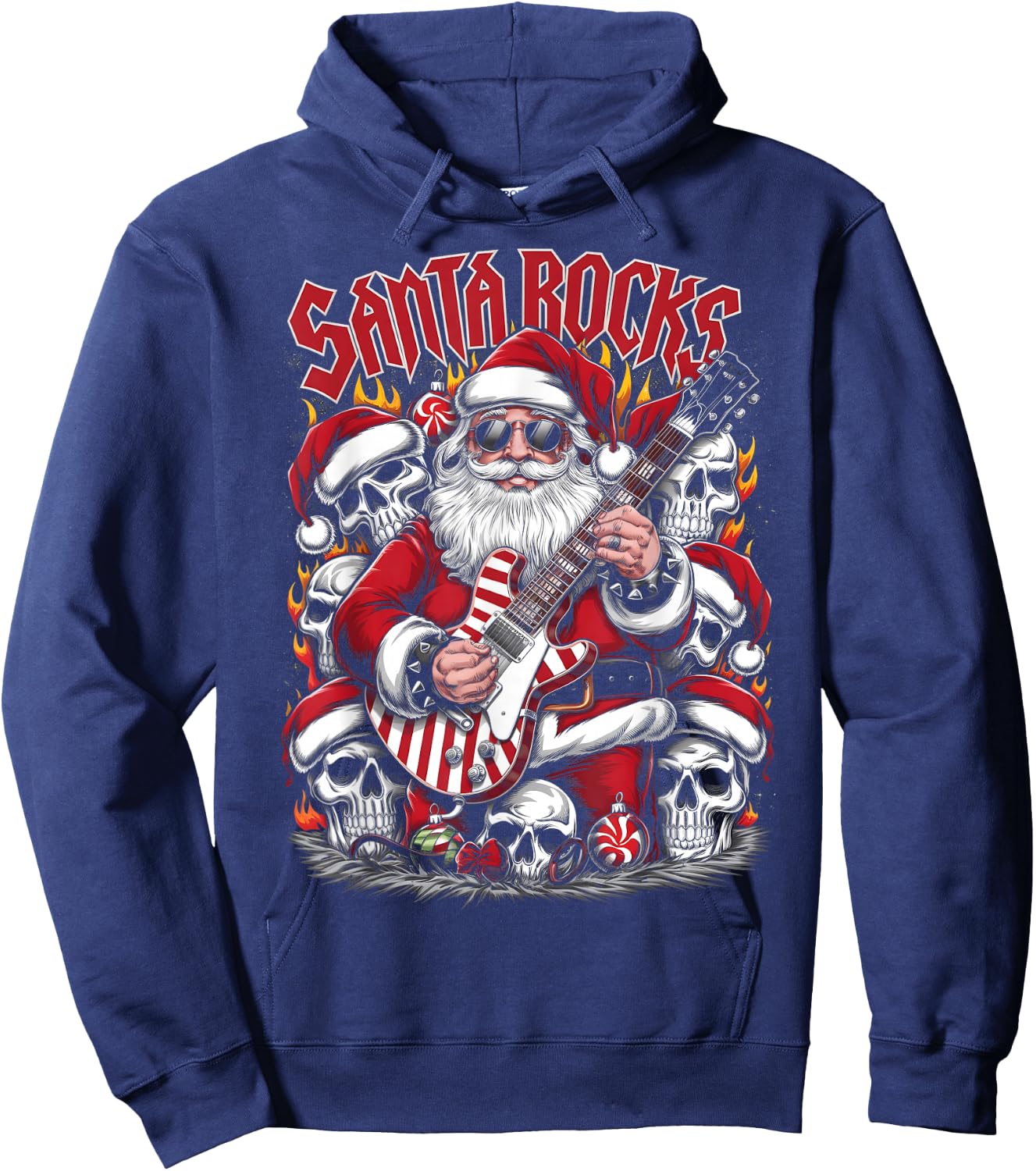 Christmas Rocker Metalhead Guitarist Santa Rocks Hoodie - Hoodie | Navy