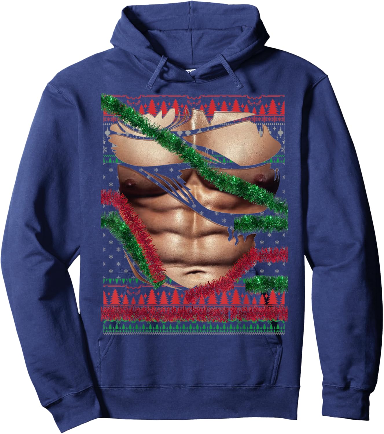 Christmas Fake Muscles Ripped Torn Chest Six Pack Abs Ugly Hoodie - Hoodie | Navy
