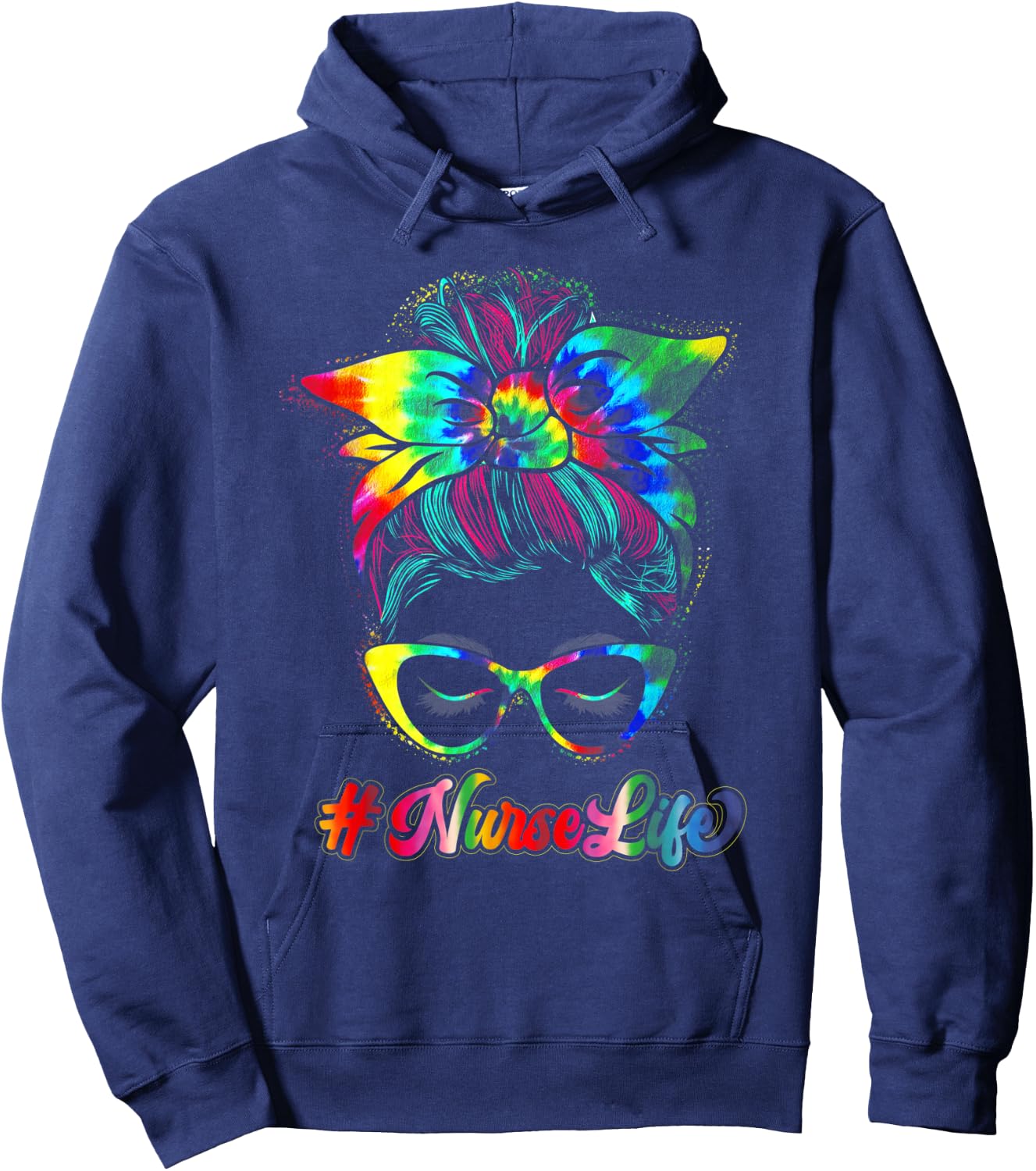 Nurse Life Messy Bun Tie Dye Glasses Bandana Vintage Hoodie - Hoodie | Navy