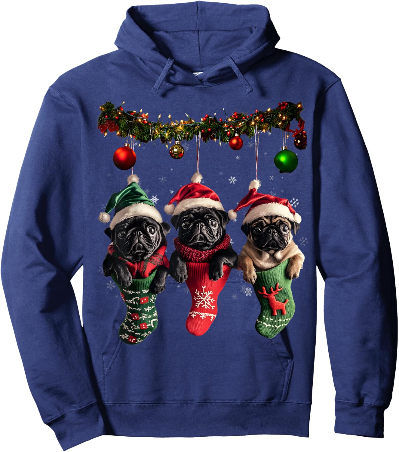 Black Pug Christmas Lights Funny Xmas Dog Lover Hoodie - Hoodie | Navy